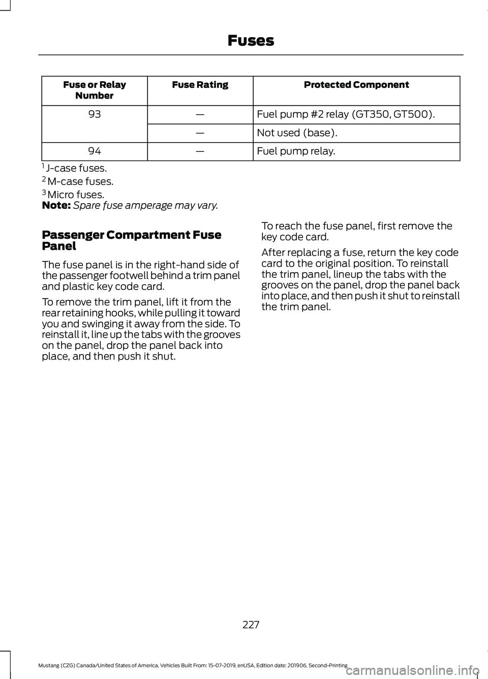 FORD MUSTANG 2020 Owners Manual Protected Component
Fuse Rating
Fuse or Relay
Number
Fuel pump #2 relay (GT350, GT500).
—
93
Not used (base).
—
Fuel pump relay.
—
94
1 J-case fuses.
2 M-case fuses.
3 Micro fuses.
Note: Spar FORD MUSTANG 2020 Owners Manual Protected Component
Fuse Rating
Fuse or Relay
Number
Fuel pump #2 relay (GT350, GT500).
—
93
Not used (base).
—
Fuel pump relay.
—
94
1 J-case fuses.
2 M-case fuses.
3 Micro fuses.
Note: Spar