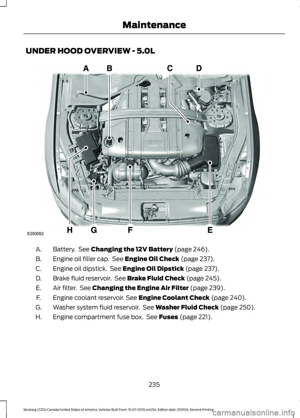 FORD MUSTANG 2020 Owners Manual UNDER HOOD OVERVIEW - 5.0L
Battery. See Changing the 12V Battery (page 246).
A.
Engine oil filler cap. See
Engine Oil Check (page 237).
B.
Engine oil dipstick. See
Engine Oil Dipstick (page 237). FORD MUSTANG 2020 Owners Manual UNDER HOOD OVERVIEW - 5.0L
Battery. See Changing the 12V Battery (page 246).
A.
Engine oil filler cap. See
Engine Oil Check (page 237).
B.
Engine oil dipstick. See
Engine Oil Dipstick (page 237).