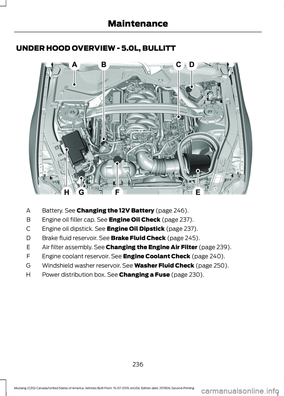 FORD MUSTANG 2020 Owners Manual UNDER HOOD OVERVIEW - 5.0L, BULLITT
Battery. See Changing the 12V Battery (page 246).
A
Engine oil filler cap.
See Engine Oil Check (page 237).
B
Engine oil dipstick.
See Engine Oil Dipstick (page 2 FORD MUSTANG 2020 Owners Manual UNDER HOOD OVERVIEW - 5.0L, BULLITT
Battery. See Changing the 12V Battery (page 246).
A
Engine oil filler cap.
See Engine Oil Check (page 237).
B
Engine oil dipstick.
See Engine Oil Dipstick (page 2