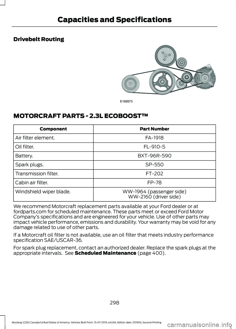 FORD MUSTANG 2020 Owners Manual Drivebelt Routing
MOTORCRAFT PARTS - 2.3L ECOBOOST™
Part Number
Component
FA-1918
Air filter element.
FL-910-S
Oil filter.
BXT-96R-590
Battery.
SP-550
Spark plugs.
FT-202
Transmission filter.
FP-78
FORD MUSTANG 2020 Owners Manual Drivebelt Routing
MOTORCRAFT PARTS - 2.3L ECOBOOST™
Part Number
Component
FA-1918
Air filter element.
FL-910-S
Oil filter.
BXT-96R-590
Battery.
SP-550
Spark plugs.
FT-202
Transmission filter.
FP-78