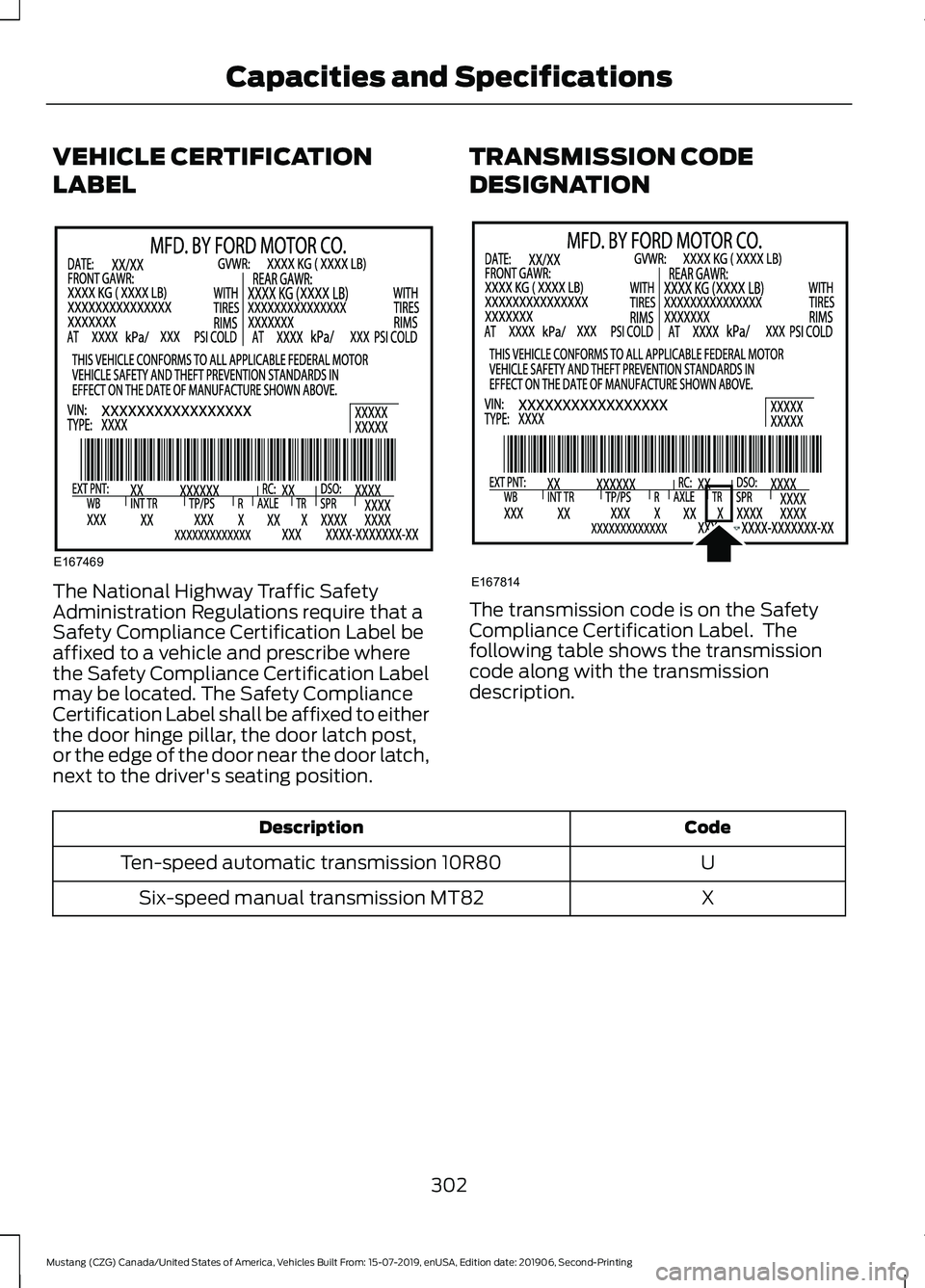 FORD MUSTANG 2020 Owners Manual VEHICLE CERTIFICATION
LABEL
The National Highway Traffic Safety
Administration Regulations require that a
Safety Compliance Certification Label be
affixed to a vehicle and prescribe where
the Safety C FORD MUSTANG 2020 Owners Manual VEHICLE CERTIFICATION
LABEL
The National Highway Traffic Safety
Administration Regulations require that a
Safety Compliance Certification Label be
affixed to a vehicle and prescribe where
the Safety C
