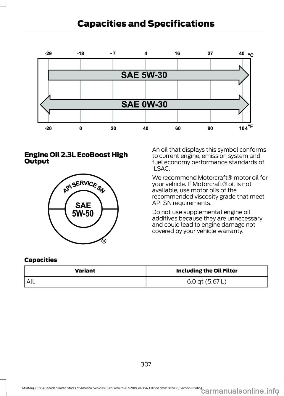 FORD MUSTANG 2020 Owners Manual Engine Oil 2.3L EcoBoost High
Output An oil that displays this symbol conforms
to current engine, emission system and
fuel economy performance standards of
ILSAC.
We recommend Motorcraft® motor oil f FORD MUSTANG 2020 Owners Manual Engine Oil 2.3L EcoBoost High
Output An oil that displays this symbol conforms
to current engine, emission system and
fuel economy performance standards of
ILSAC.
We recommend Motorcraft® motor oil f
