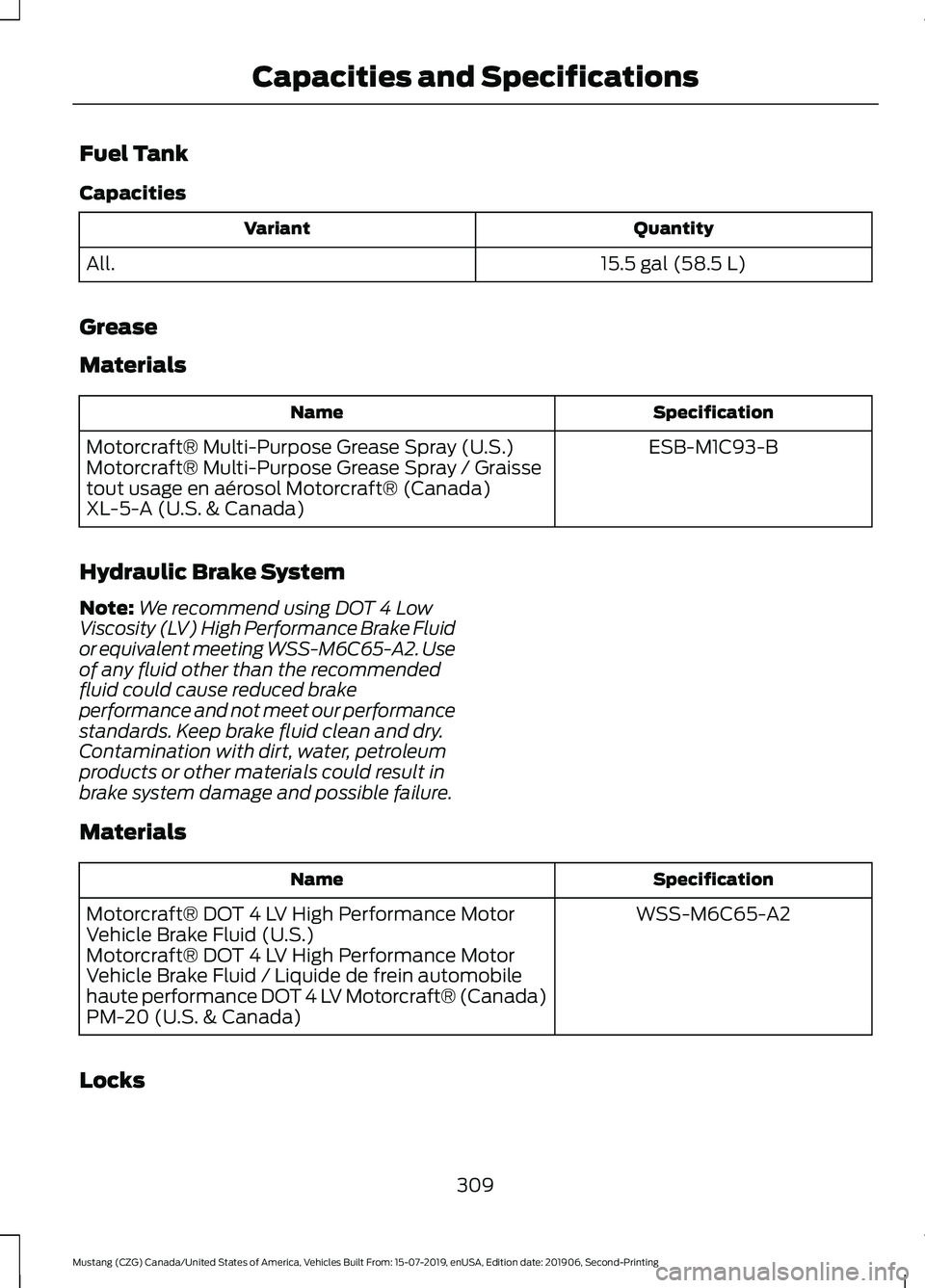 FORD MUSTANG 2020 Owners Manual Fuel Tank
Capacities
Quantity
Variant
15.5 gal (58.5 L)
All.
Grease
Materials Specification
Name
ESB-M1C93-B
Motorcraft® Multi-Purpose Grease Spray (U.S.)
Motorcraft® Multi-Purpose Grease Spray / Gr FORD MUSTANG 2020 Owners Manual Fuel Tank
Capacities
Quantity
Variant
15.5 gal (58.5 L)
All.
Grease
Materials Specification
Name
ESB-M1C93-B
Motorcraft® Multi-Purpose Grease Spray (U.S.)
Motorcraft® Multi-Purpose Grease Spray / Gr