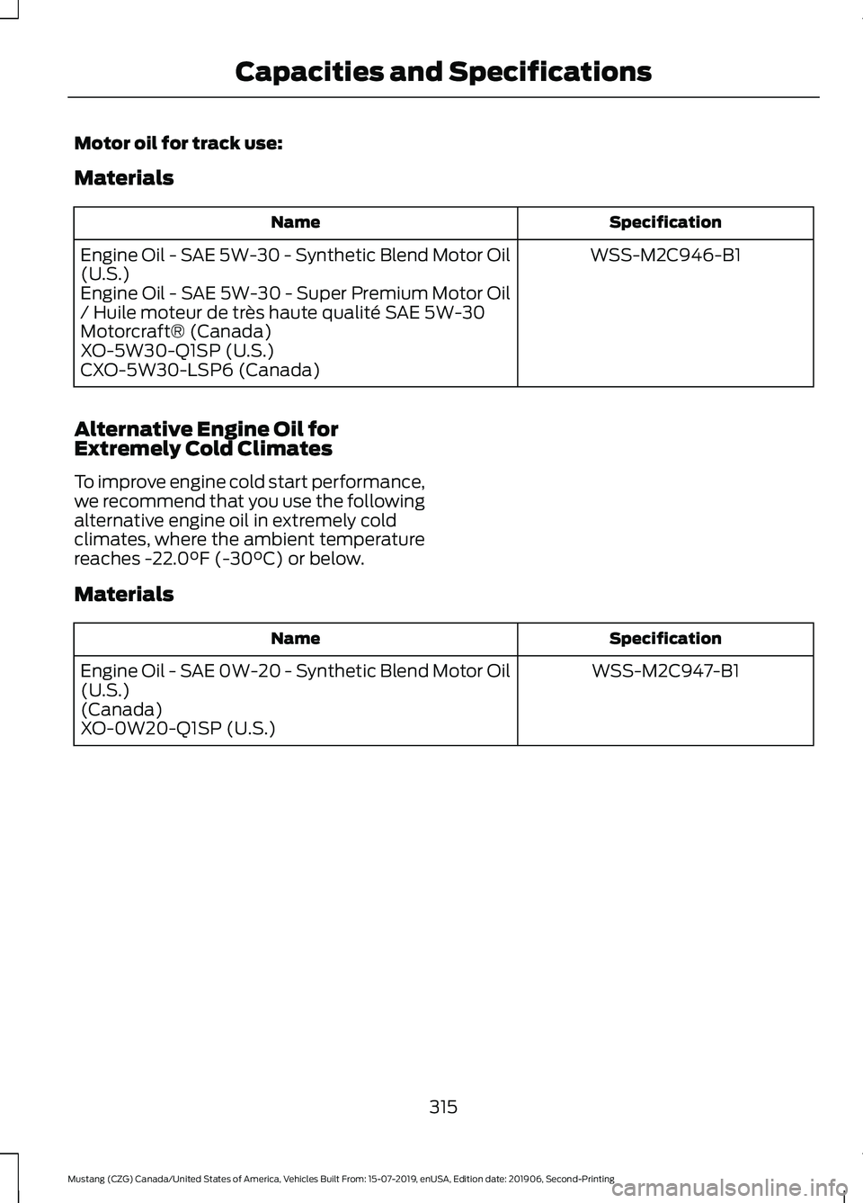FORD MUSTANG 2020 Owners Manual Motor oil for track use:
Materials
Specification
Name
WSS-M2C946-B1
Engine Oil - SAE 5W-30 - Synthetic Blend Motor Oil
(U.S.)
Engine Oil - SAE 5W-30 - Super Premium Motor Oil
/ Huile moteur de très h FORD MUSTANG 2020 Owners Manual Motor oil for track use:
Materials
Specification
Name
WSS-M2C946-B1
Engine Oil - SAE 5W-30 - Synthetic Blend Motor Oil
(U.S.)
Engine Oil - SAE 5W-30 - Super Premium Motor Oil
/ Huile moteur de très h