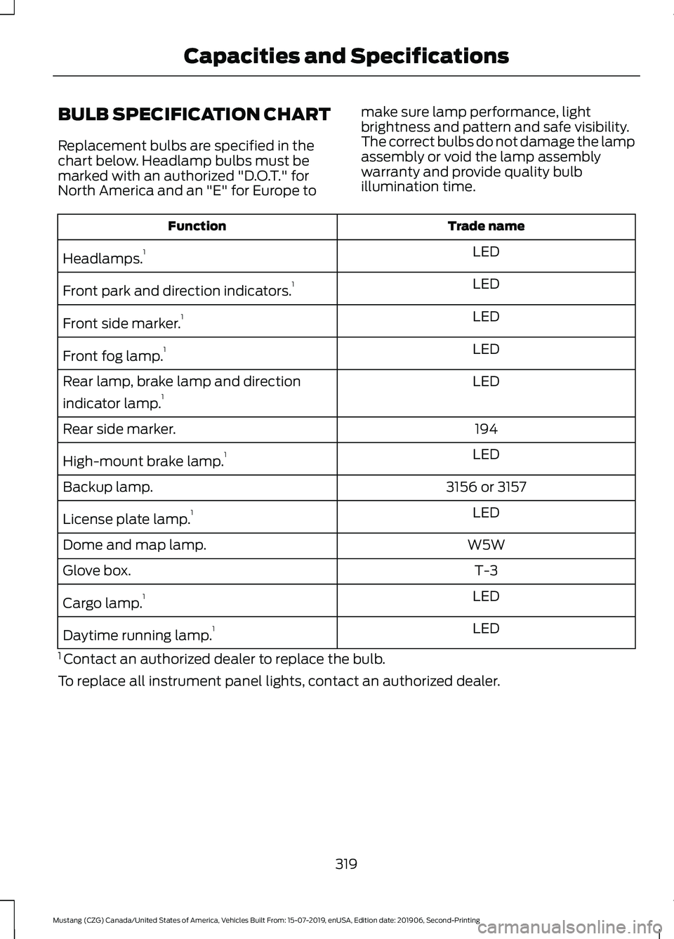 FORD MUSTANG 2020 Owners Manual BULB SPECIFICATION CHART
Replacement bulbs are specified in the
chart below. Headlamp bulbs must be
marked with an authorized "D.O.T." for
North America and an "E" for Europe to
make s FORD MUSTANG 2020 Owners Manual BULB SPECIFICATION CHART
Replacement bulbs are specified in the
chart below. Headlamp bulbs must be
marked with an authorized "D.O.T." for
North America and an "E" for Europe to
make s