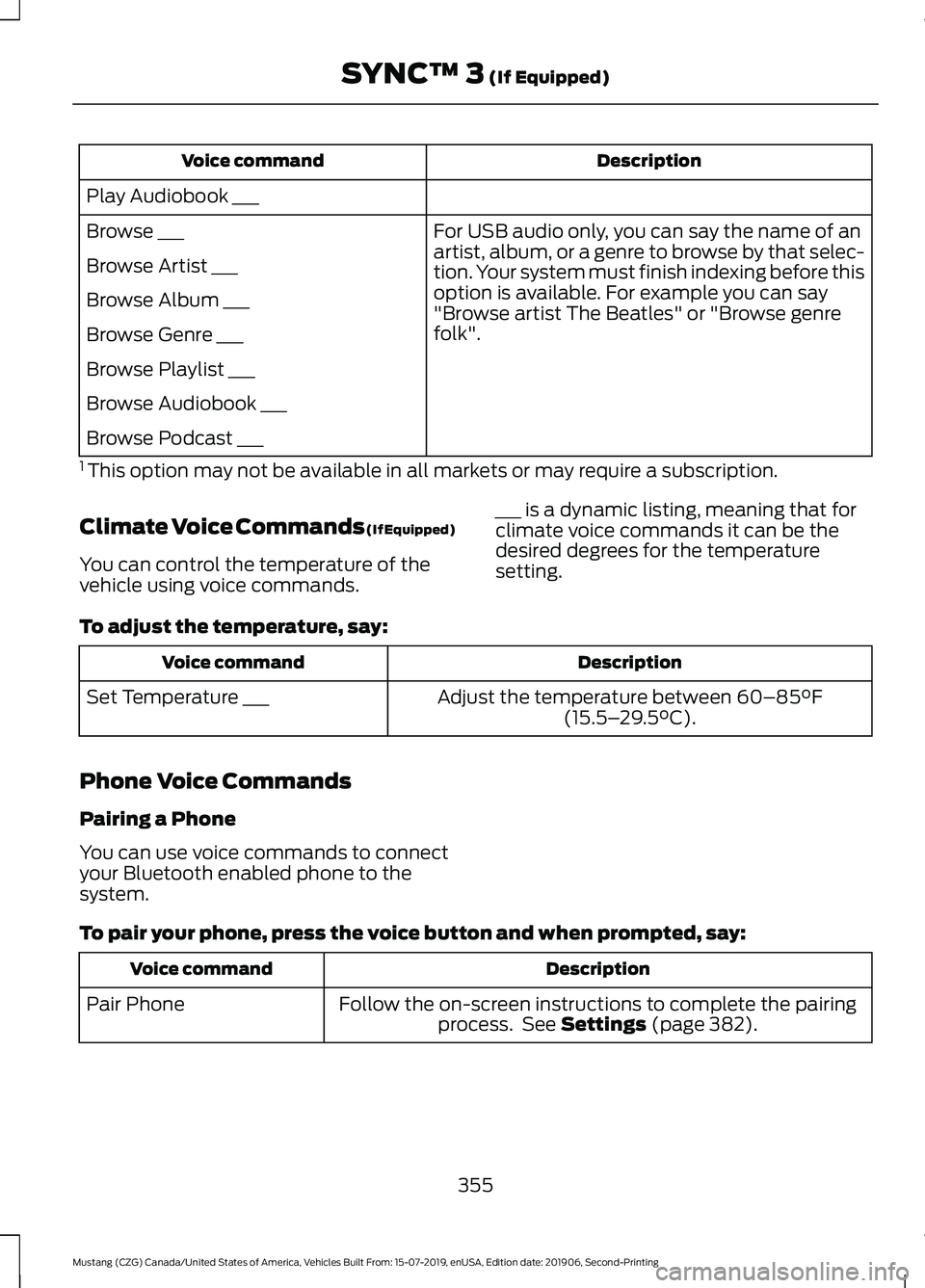 FORD MUSTANG 2020 Owners Manual Description
Voice command
Play Audiobook ___ For USB audio only, you can say the name of an
artist, album, or a genre to browse by that selec-
tion. Your system must finish indexing before this
option FORD MUSTANG 2020 Owners Manual Description
Voice command
Play Audiobook ___ For USB audio only, you can say the name of an
artist, album, or a genre to browse by that selec-
tion. Your system must finish indexing before this
option