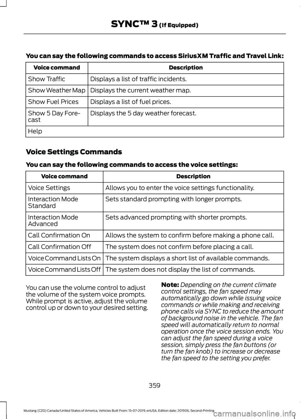 FORD MUSTANG 2020  Owners Manual You can say the following commands to access SiriusXM Traffic and Travel Link:
Description
Voice command
Displays a list of traffic incidents.
Show Traffic
Displays the current weather map.
Show Weath