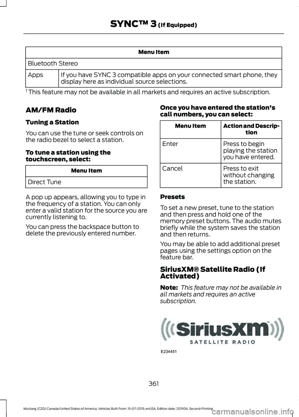 FORD MUSTANG 2020  Owners Manual Menu Item
Bluetooth Stereo If you have SYNC 3 compatible apps on your connected smart phone, they
display here as individual source selections.
Apps
1  This feature may not be available in all markets