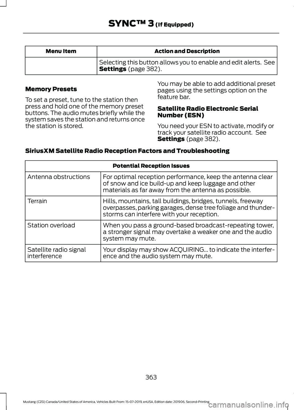 FORD MUSTANG 2020  Owners Manual Action and Description
Menu Item
Selecting this button allows you to enable and edit alerts.  See
Settings (page 382).
Memory Presets
To set a preset, tune to the station then
press and hold one of th