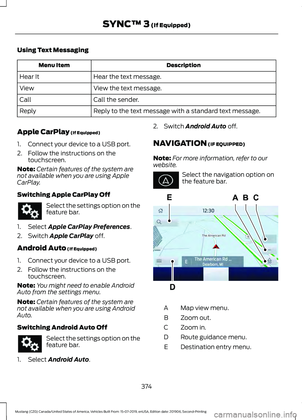 FORD MUSTANG 2020  Owners Manual Using Text Messaging
Description
Menu Item
Hear the text message.
Hear It
View the text message.
View
Call the sender.
Call
Reply to the text message with a standard text message.
Reply
Apple CarPlay 
