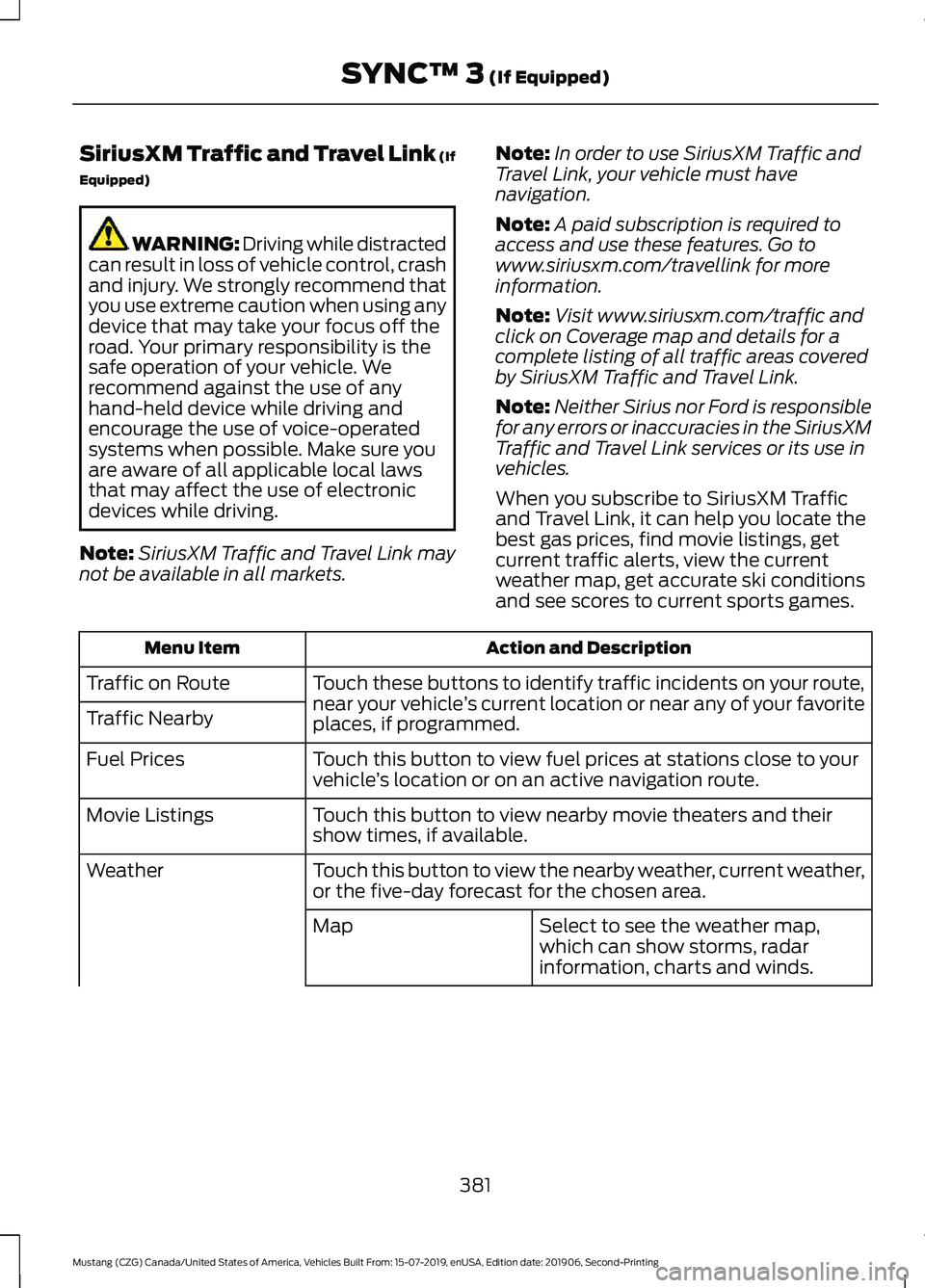 FORD MUSTANG 2020  Owners Manual SiriusXM Traffic and Travel Link (If
Equipped)
WARNING: Driving while distracted
can result in loss of vehicle control, crash
and injury. We strongly recommend that
you use extreme caution when using 