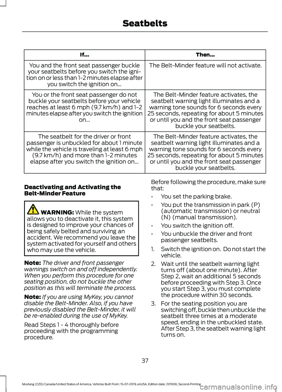 FORD MUSTANG 2020  Owners Manual Then...
If...
The Belt-Minder feature will not activate.
You and the front seat passenger buckle
your seatbelts before you switch the igni-
tion on or less than 1-2 minutes elapse after you switch the