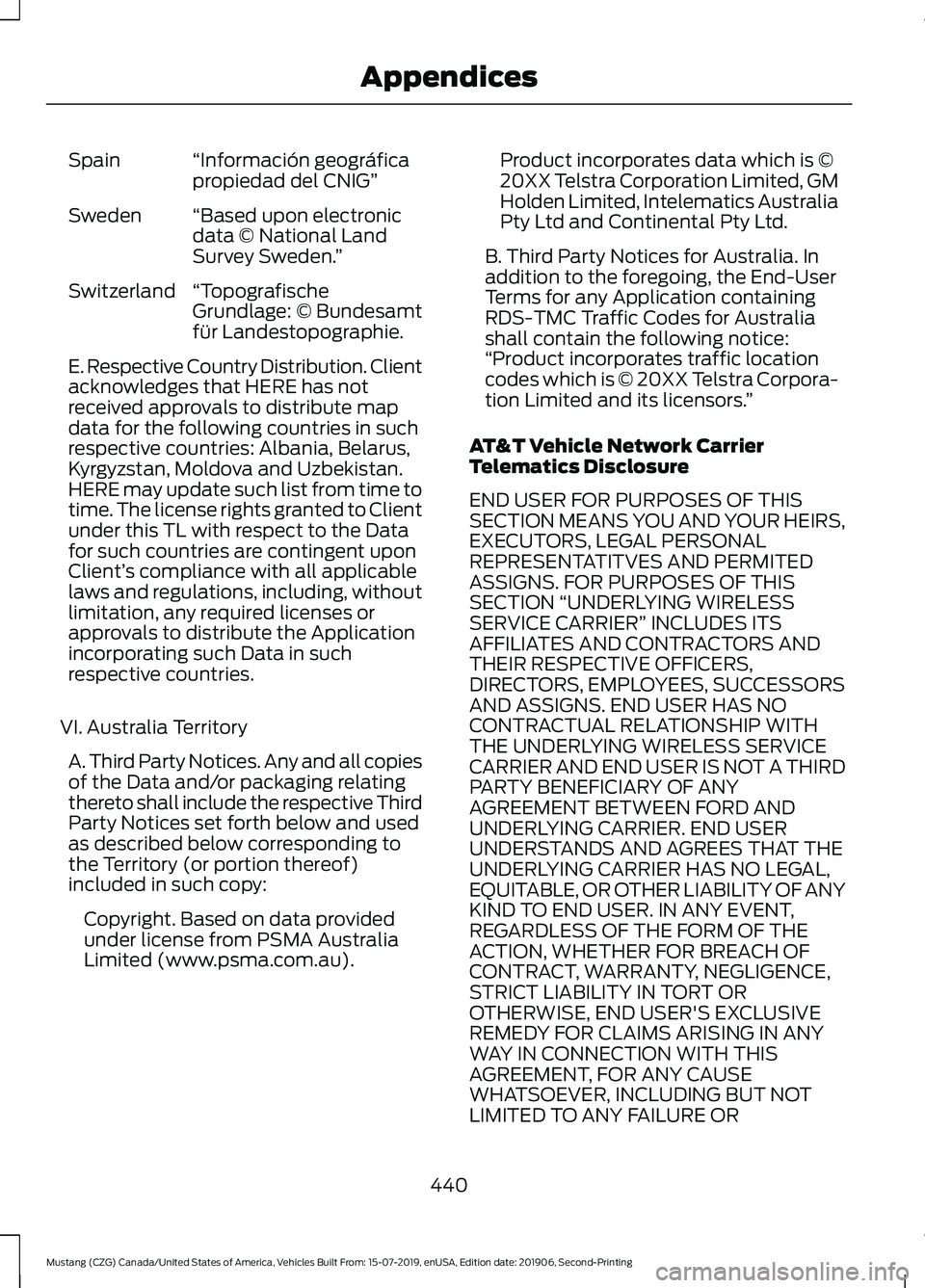 FORD MUSTANG 2020 Owners Manual “Información geográfica
propiedad del CNIG”
Spain
“Based upon electronic
data © National Land
Survey Sweden. ”
Sweden
“Topografische
Grundlage: © Bundesamt
für Landestopographie.
Switze FORD MUSTANG 2020 Owners Manual “Información geográfica
propiedad del CNIG”
Spain
“Based upon electronic
data © National Land
Survey Sweden. ”
Sweden
“Topografische
Grundlage: © Bundesamt
für Landestopographie.
Switze