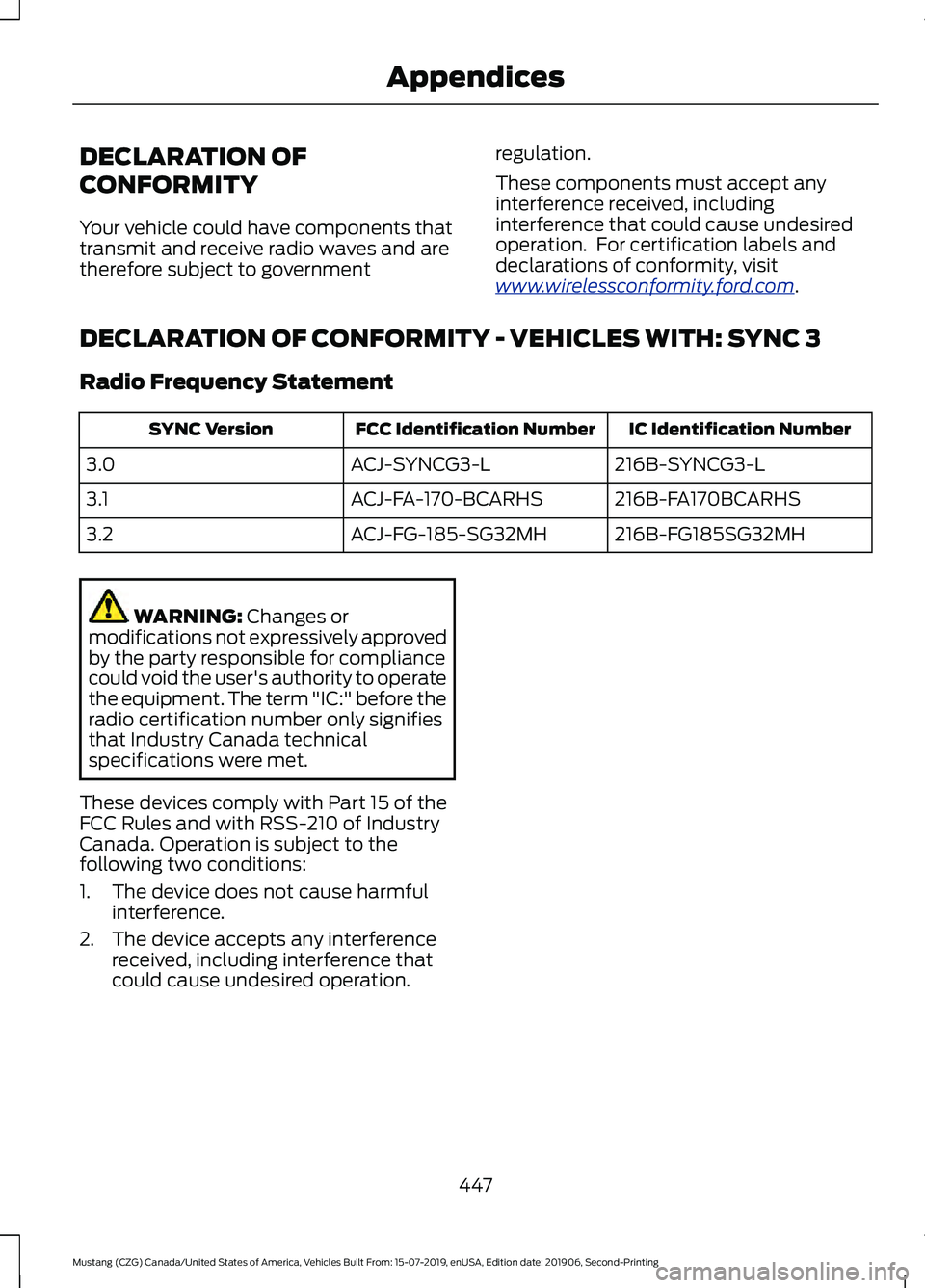 FORD MUSTANG 2020 Owners Manual DECLARATION OF
CONFORMITY
Your vehicle could have components that
transmit and receive radio waves and are
therefore subject to government
regulation.
These components must accept any
interference rec FORD MUSTANG 2020 Owners Manual DECLARATION OF
CONFORMITY
Your vehicle could have components that
transmit and receive radio waves and are
therefore subject to government
regulation.
These components must accept any
interference rec
