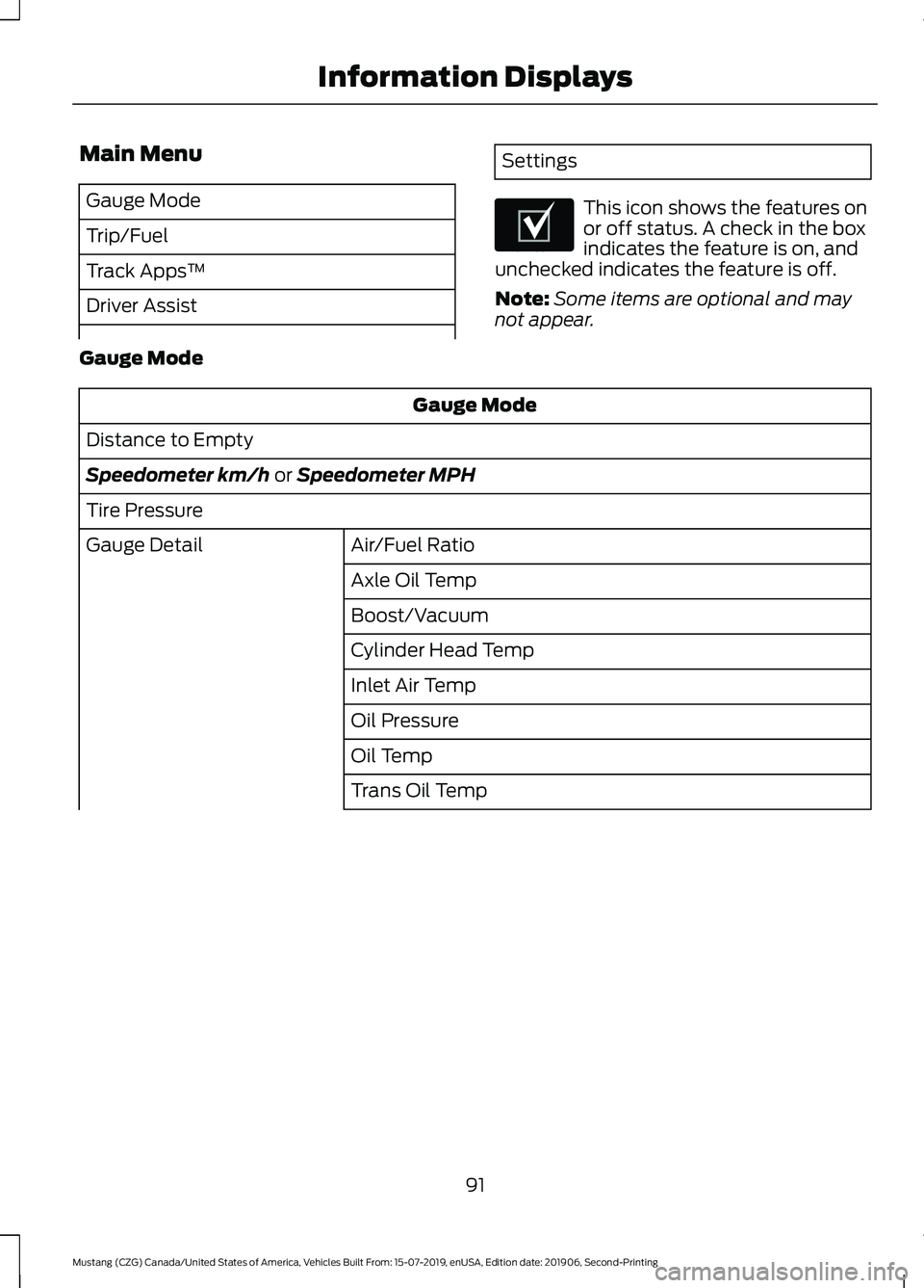 FORD MUSTANG 2020  Owners Manual Main Menu
Gauge Mode
Trip/Fuel
Track Apps
™
Driver Assist Settings
This icon shows the features on
or off status. A check in the box
indicates the feature is on, and
unchecked indicates the feature 