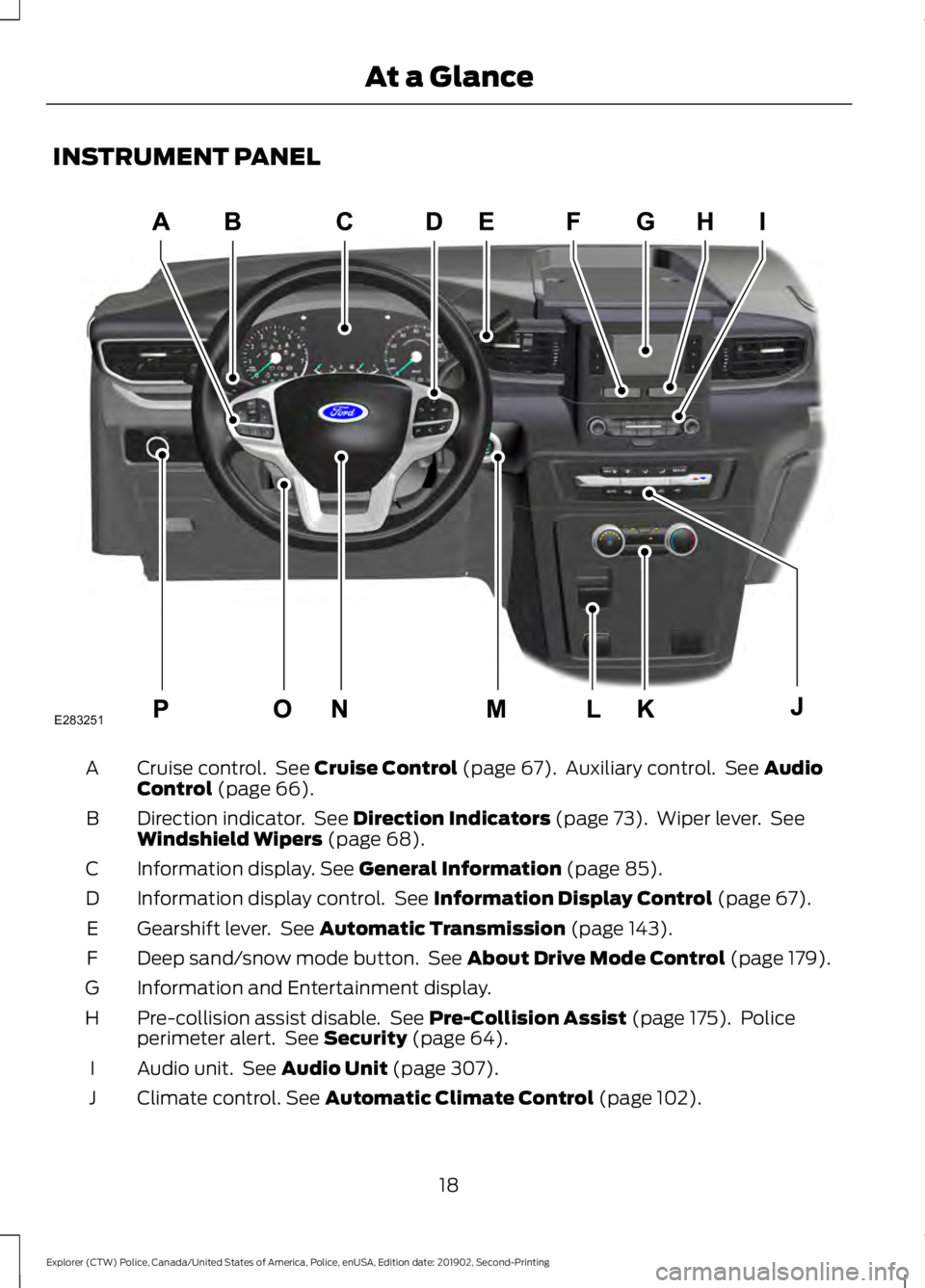 FORD POLICE INTERCEPTOR 2020  Owners Manual INSTRUMENT PANEL
Cruise control.  See Cruise Control (page 67).  Auxiliary control.  See Audio
Control (page 66).
A
Direction indicator.  See 
Direction Indicators (page 73).  Wiper lever.  See
Windsh