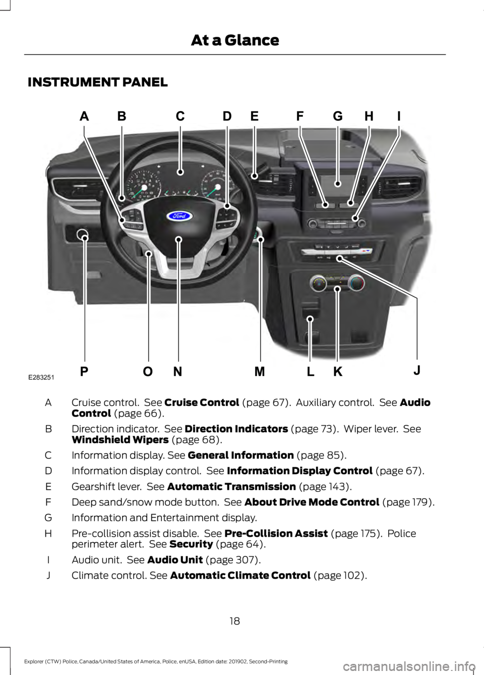 FORD POLICE INTERCEPTOR 2020 Owners Manual INSTRUMENT PANEL
Cruise control.  See Cruise Control (page 67).  Auxiliary control.  See Audio
Control (page 66).
A
Direction indicator.  See 
Direction Indicators (page 73).  Wiper lever.  See
Windsh