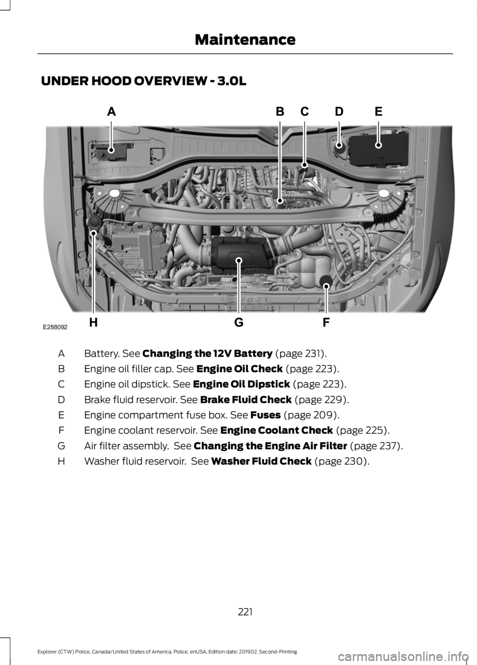 FORD POLICE INTERCEPTOR 2020  Owners Manual UNDER HOOD OVERVIEW - 3.0L
Battery. See Changing the 12V Battery (page 231).
A
Engine oil filler cap.
 See Engine Oil Check (page 223).
B
Engine oil dipstick.
 See Engine Oil Dipstick (page 223).
C
Br