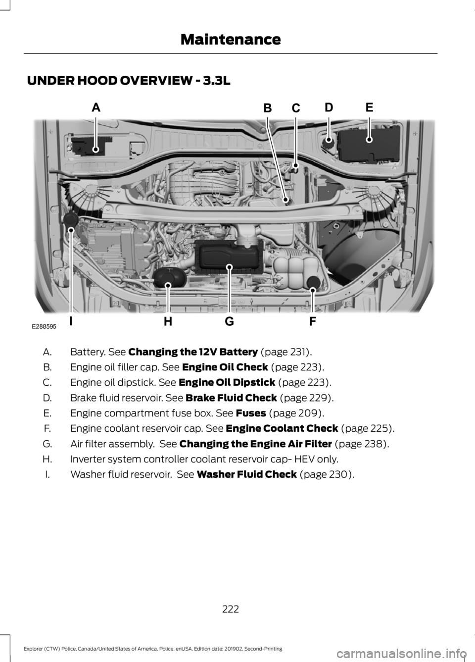 FORD POLICE INTERCEPTOR 2020  Owners Manual UNDER HOOD OVERVIEW - 3.3L
Battery. See Changing the 12V Battery (page 231).
A.
Engine oil filler cap.
 See Engine Oil Check (page 223).
B.
Engine oil dipstick.
 See Engine Oil Dipstick (page 223).
C.