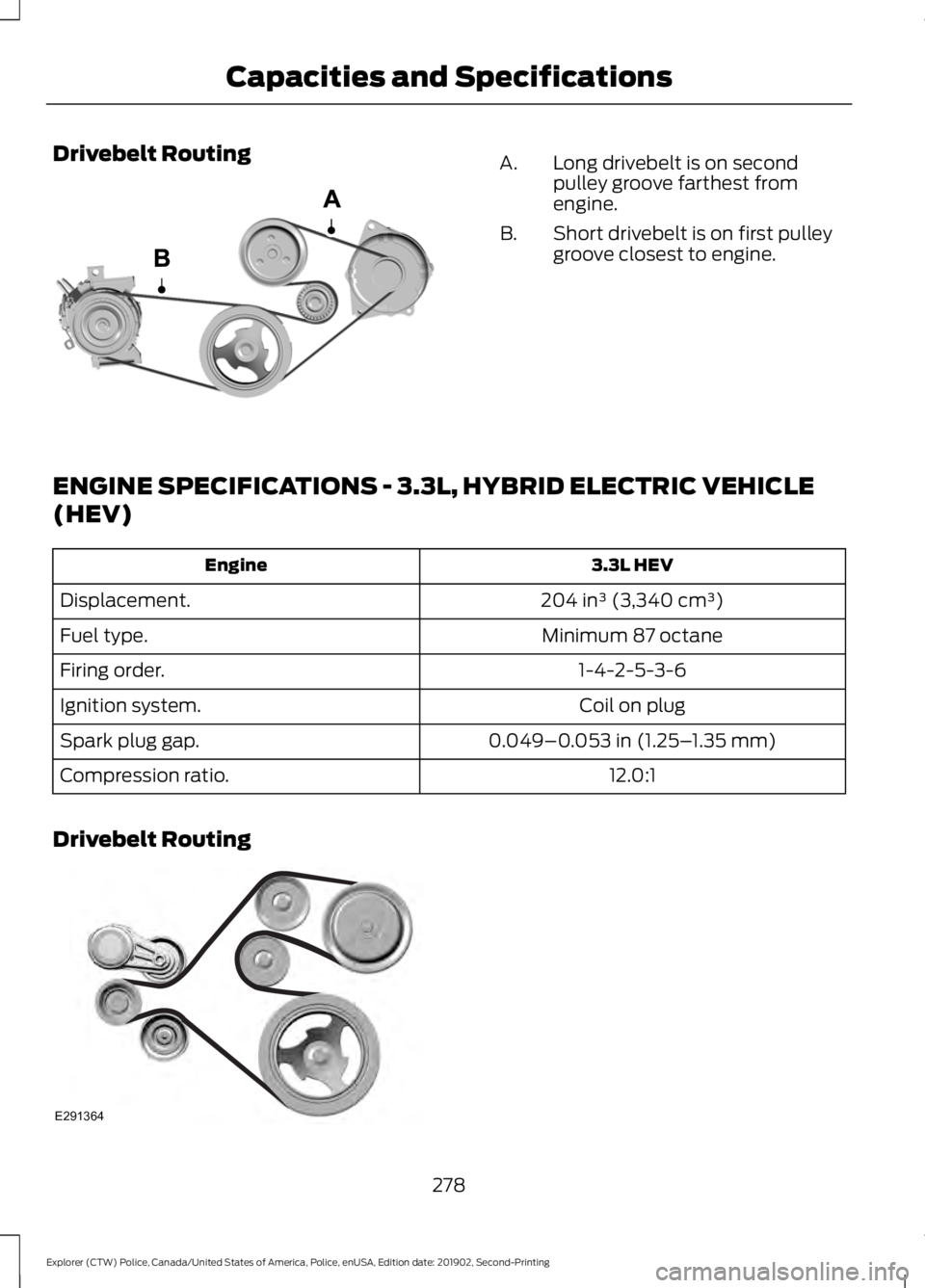 FORD POLICE INTERCEPTOR 2020  Owners Manual Drivebelt Routing
Long drivebelt is on second
pulley groove farthest from
engine.
A.
Short drivebelt is on first pulley
groove closest to engine.
B.
ENGINE SPECIFICATIONS - 3.3L, HYBRID ELECTRIC VEHIC