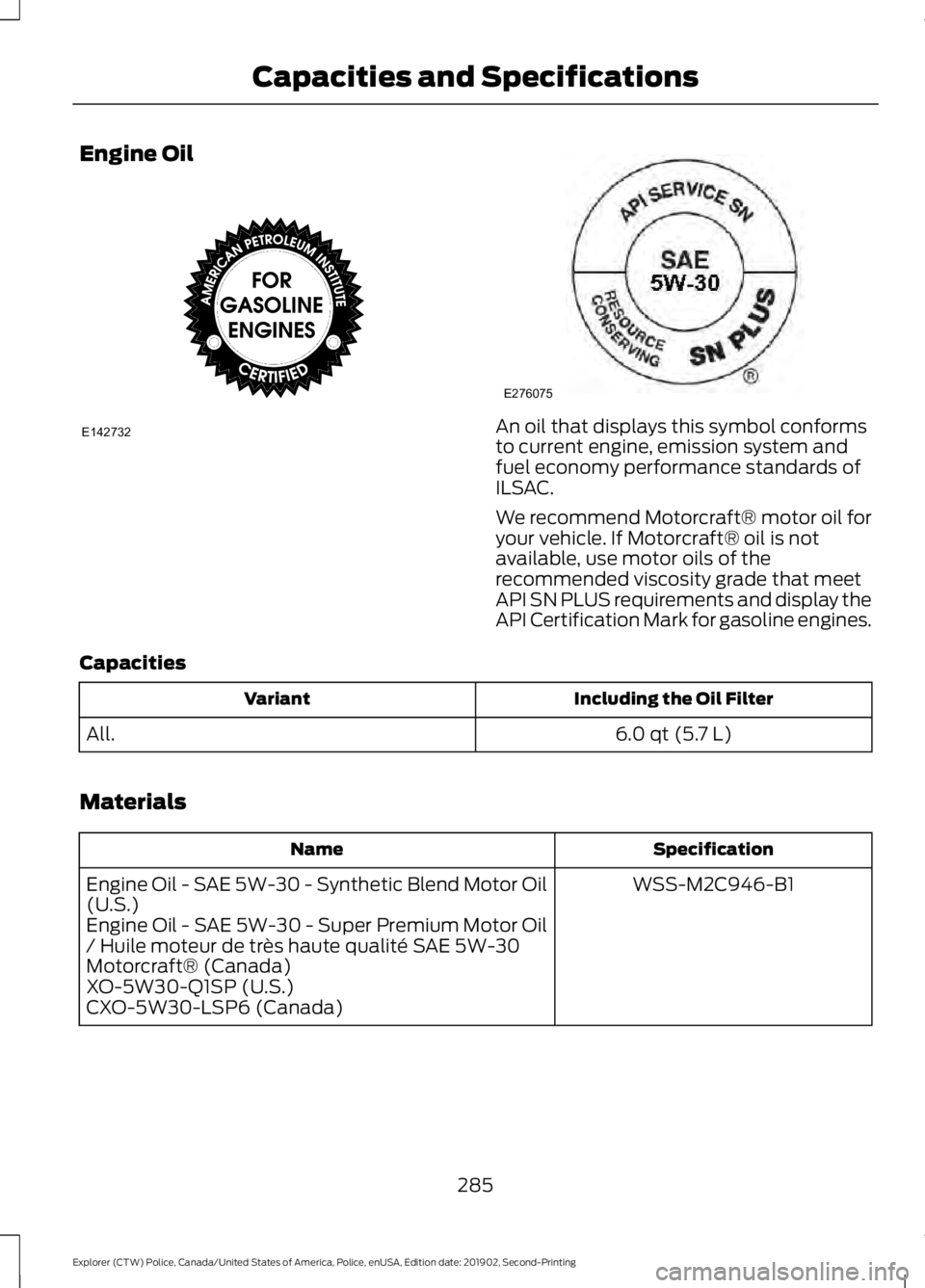 FORD POLICE INTERCEPTOR 2020  Owners Manual Engine Oil
An oil that displays this symbol conforms
to current engine, emission system and
fuel economy performance standards of
ILSAC.
We recommend Motorcraft® motor oil for
your vehicle. If Motorc