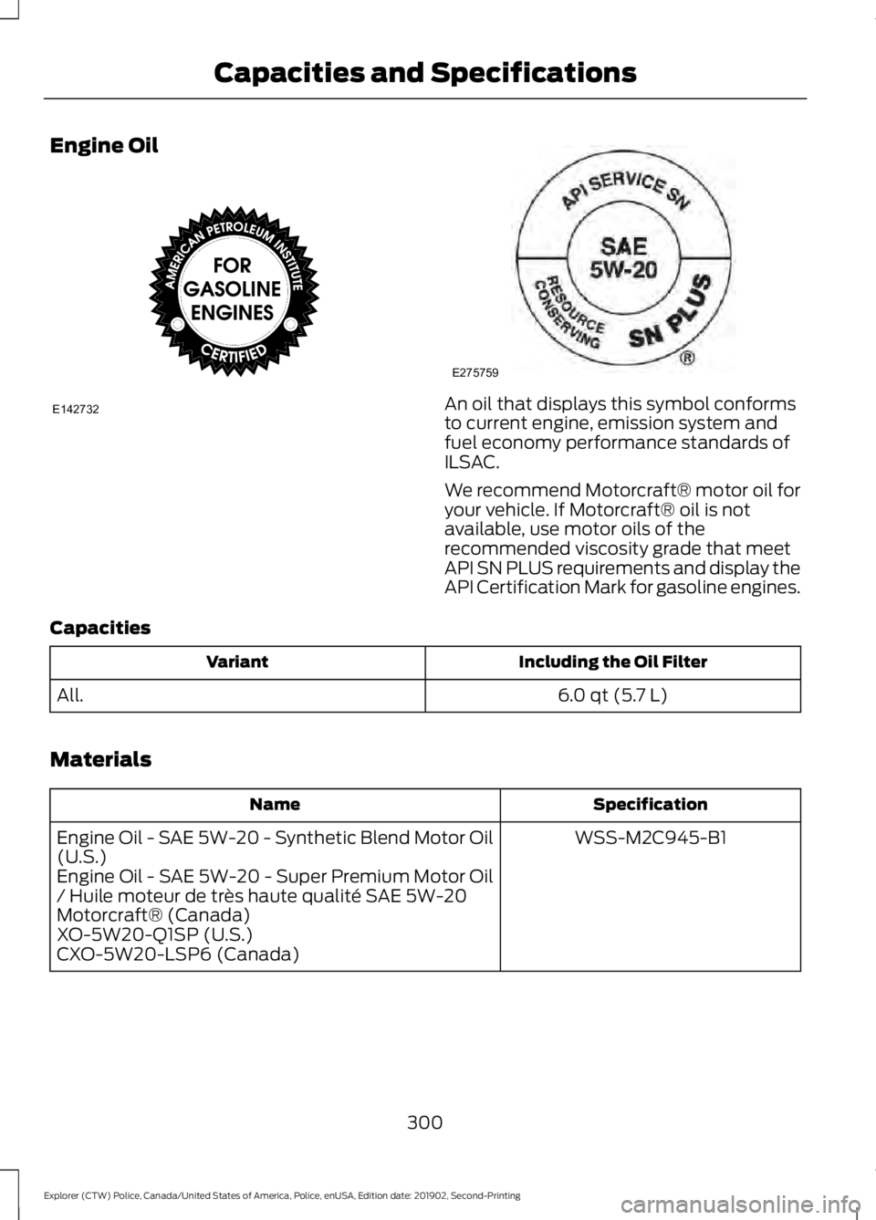 FORD POLICE INTERCEPTOR 2020  Owners Manual Engine Oil
An oil that displays this symbol conforms
to current engine, emission system and
fuel economy performance standards of
ILSAC.
We recommend Motorcraft® motor oil for
your vehicle. If Motorc