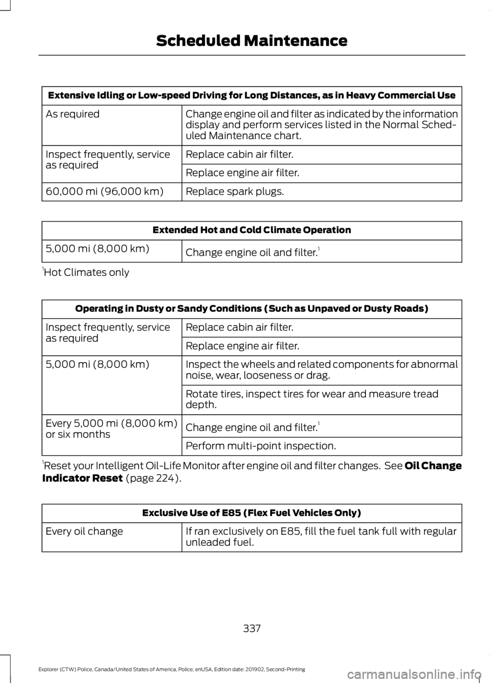 FORD POLICE INTERCEPTOR 2020 Owners Manual Extensive Idling or Low-speed Driving for Long Distances, as in Heavy Commercial Use
Change engine oil and filter as indicated by the information
display and perform services listed in the Normal Sche FORD POLICE INTERCEPTOR 2020 Owners Manual Extensive Idling or Low-speed Driving for Long Distances, as in Heavy Commercial Use
Change engine oil and filter as indicated by the information
display and perform services listed in the Normal Sche