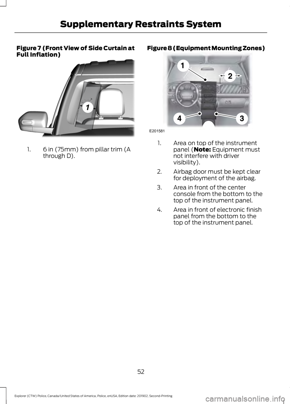 FORD POLICE INTERCEPTOR 2020  Owners Manual Figure 7 (Front View of Side Curtain at
Full Inflation)
6 in (75mm) from pillar trim (A
through D).
1. Figure 8 (Equipment Mounting Zones) Area on top of the instrument
panel (Note: Equipment must
not