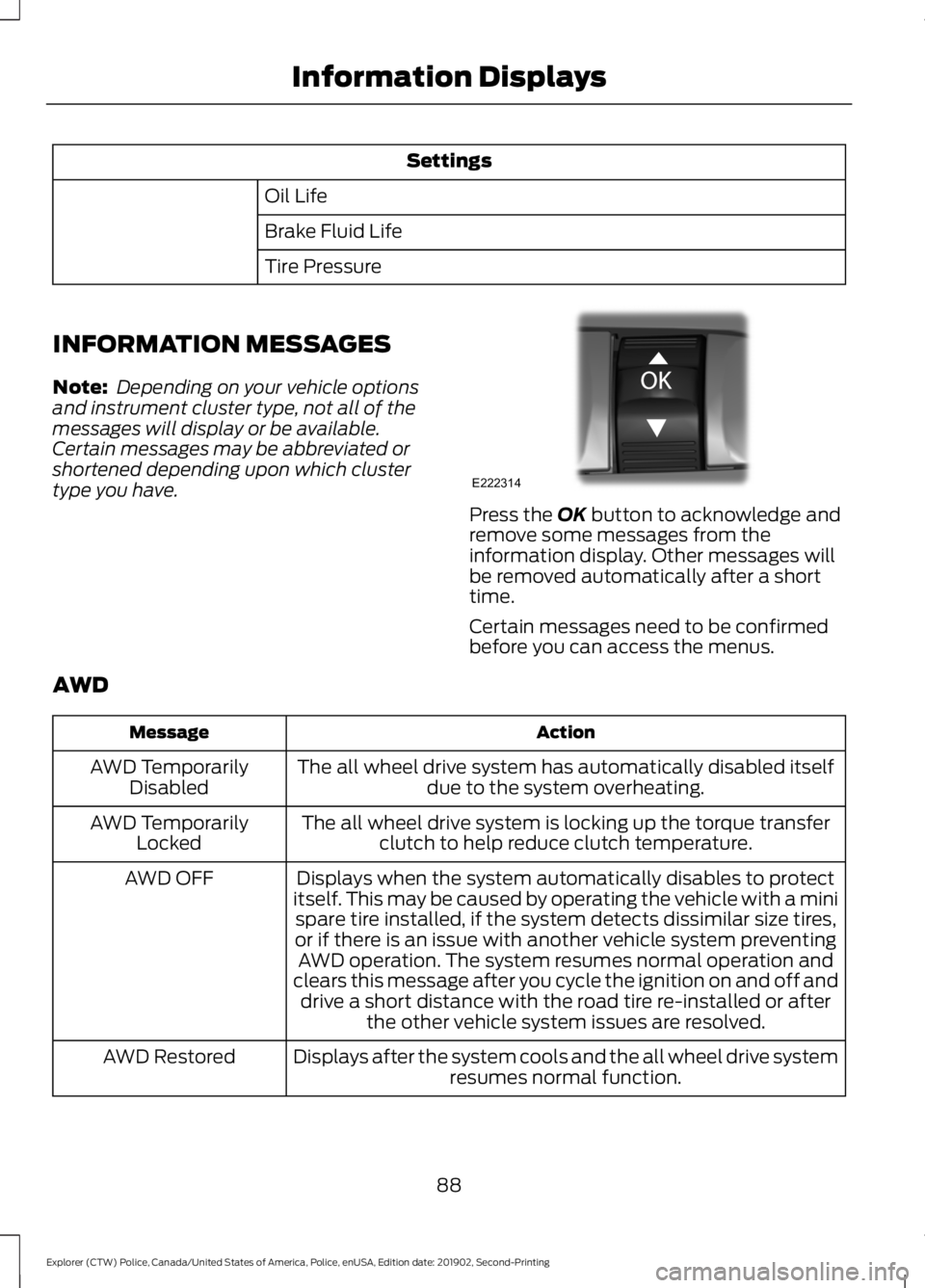 FORD POLICE INTERCEPTOR 2020 Owners Manual Settings
Oil Life
Brake Fluid Life
Tire Pressure
INFORMATION MESSAGES
Note: Depending on your vehicle options
and instrument cluster type, not all of the
messages will display or be available.
Certai FORD POLICE INTERCEPTOR 2020 Owners Manual Settings
Oil Life
Brake Fluid Life
Tire Pressure
INFORMATION MESSAGES
Note: Depending on your vehicle options
and instrument cluster type, not all of the
messages will display or be available.
Certai