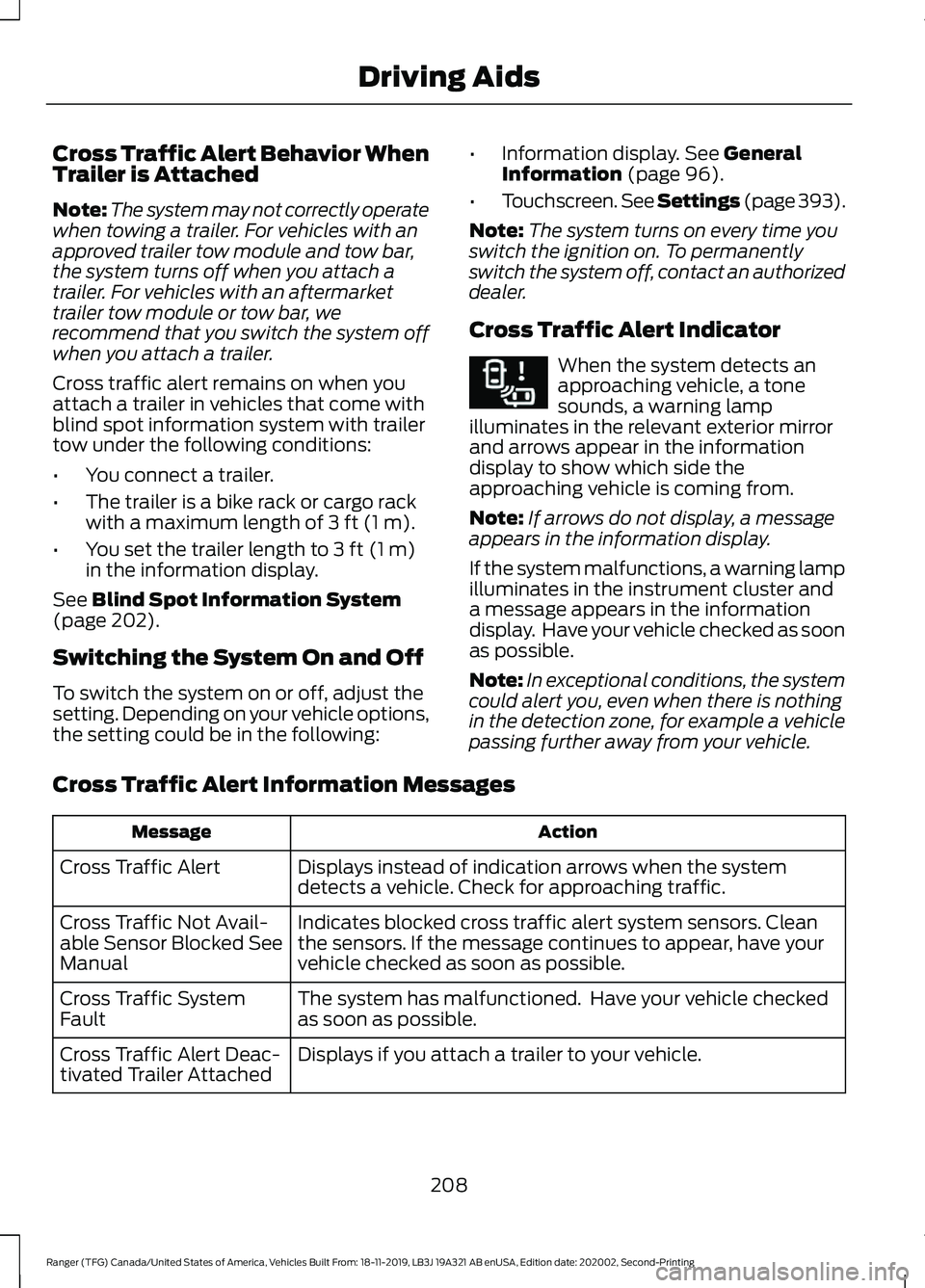 FORD RANGER 2020  Owners Manual Cross Traffic Alert Behavior When
Trailer is Attached
Note:
The system may not correctly operate
when towing a trailer. For vehicles with an
approved trailer tow module and tow bar,
the system turns o