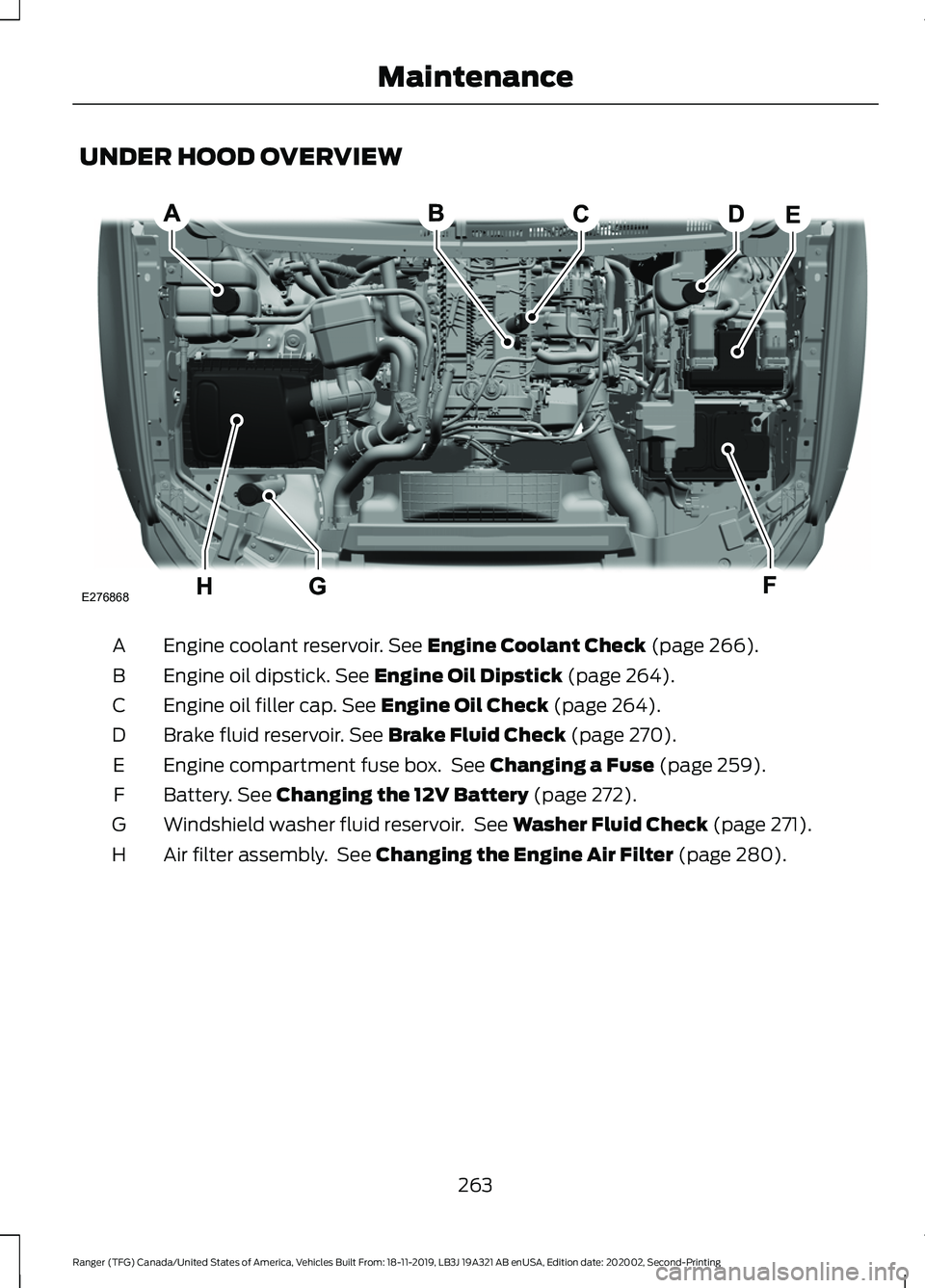 FORD RANGER 2020 Owners Manual UNDER HOOD OVERVIEW
Engine coolant reservoir. See Engine Coolant Check (page 266).
A
Engine oil dipstick.
See Engine Oil Dipstick (page 264).
B
Engine oil filler cap.
See Engine Oil Check (page 264) FORD RANGER 2020 Owners Manual UNDER HOOD OVERVIEW
Engine coolant reservoir. See Engine Coolant Check (page 266).
A
Engine oil dipstick.
See Engine Oil Dipstick (page 264).
B
Engine oil filler cap.
See Engine Oil Check (page 264)