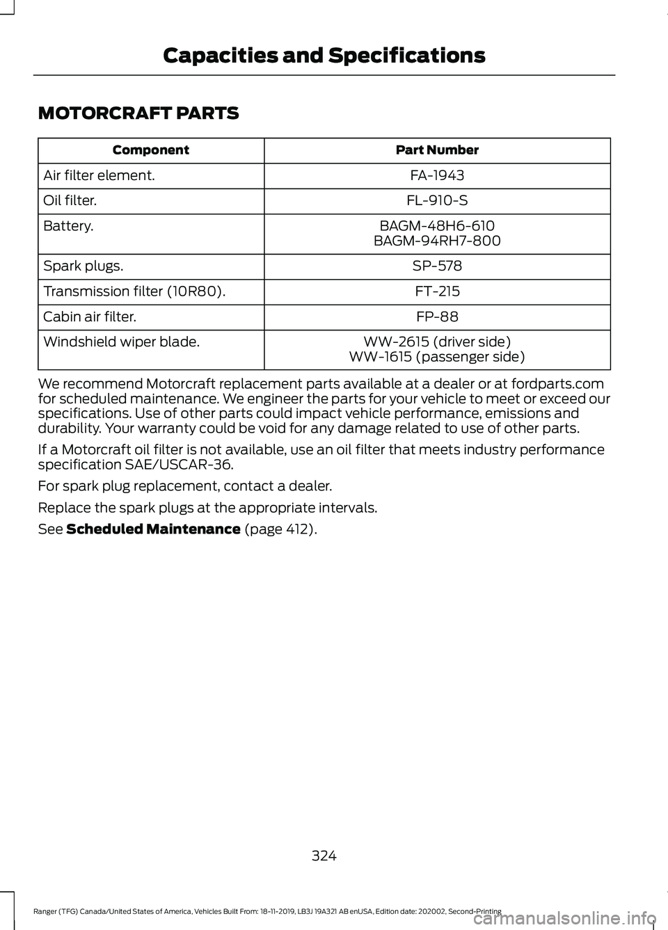 FORD RANGER 2020 Owners Manual MOTORCRAFT PARTS
Part Number
Component
FA-1943
Air filter element.
FL-910-S
Oil filter.
BAGM-48H6-610
Battery.
BAGM-94RH7-800
SP-578
Spark plugs.
FT-215
Transmission filter (10R80).
FP-88
Cabin air fi FORD RANGER 2020 Owners Manual MOTORCRAFT PARTS
Part Number
Component
FA-1943
Air filter element.
FL-910-S
Oil filter.
BAGM-48H6-610
Battery.
BAGM-94RH7-800
SP-578
Spark plugs.
FT-215
Transmission filter (10R80).
FP-88
Cabin air fi