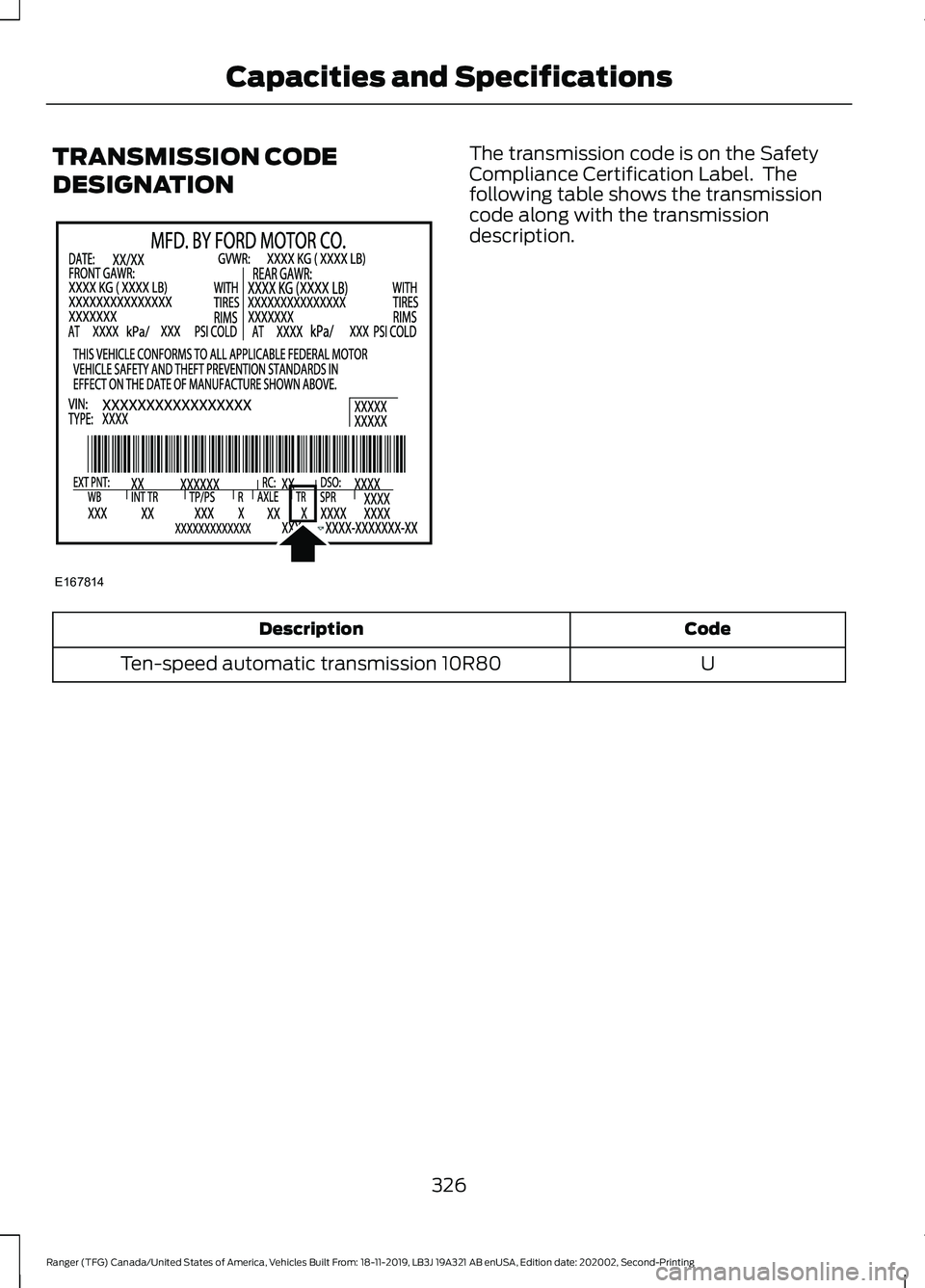 FORD RANGER 2020 Owners Manual TRANSMISSION CODE
DESIGNATION The transmission code is on the Safety
Compliance Certification Label. The
following table shows the transmission
code along with the transmission
description.
Code
Desc FORD RANGER 2020 Owners Manual TRANSMISSION CODE
DESIGNATION The transmission code is on the Safety
Compliance Certification Label. The
following table shows the transmission
code along with the transmission
description.
Code
Desc
