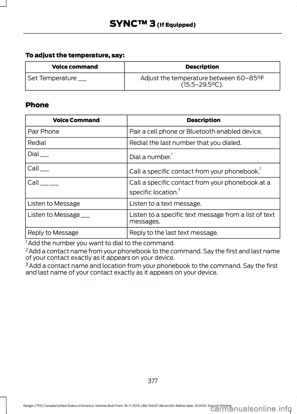 FORD RANGER 2020 User Guide To adjust the temperature, say:
Description
Voice command
Adjust the temperature between 60–85°F
(15.5– 29.5°C).
Set Temperature ___
Phone Description
Voice Command
Pair a cell phone or Bluetoot FORD RANGER 2020 User Guide To adjust the temperature, say:
Description
Voice command
Adjust the temperature between 60–85°F
(15.5– 29.5°C).
Set Temperature ___
Phone Description
Voice Command
Pair a cell phone or Bluetoot