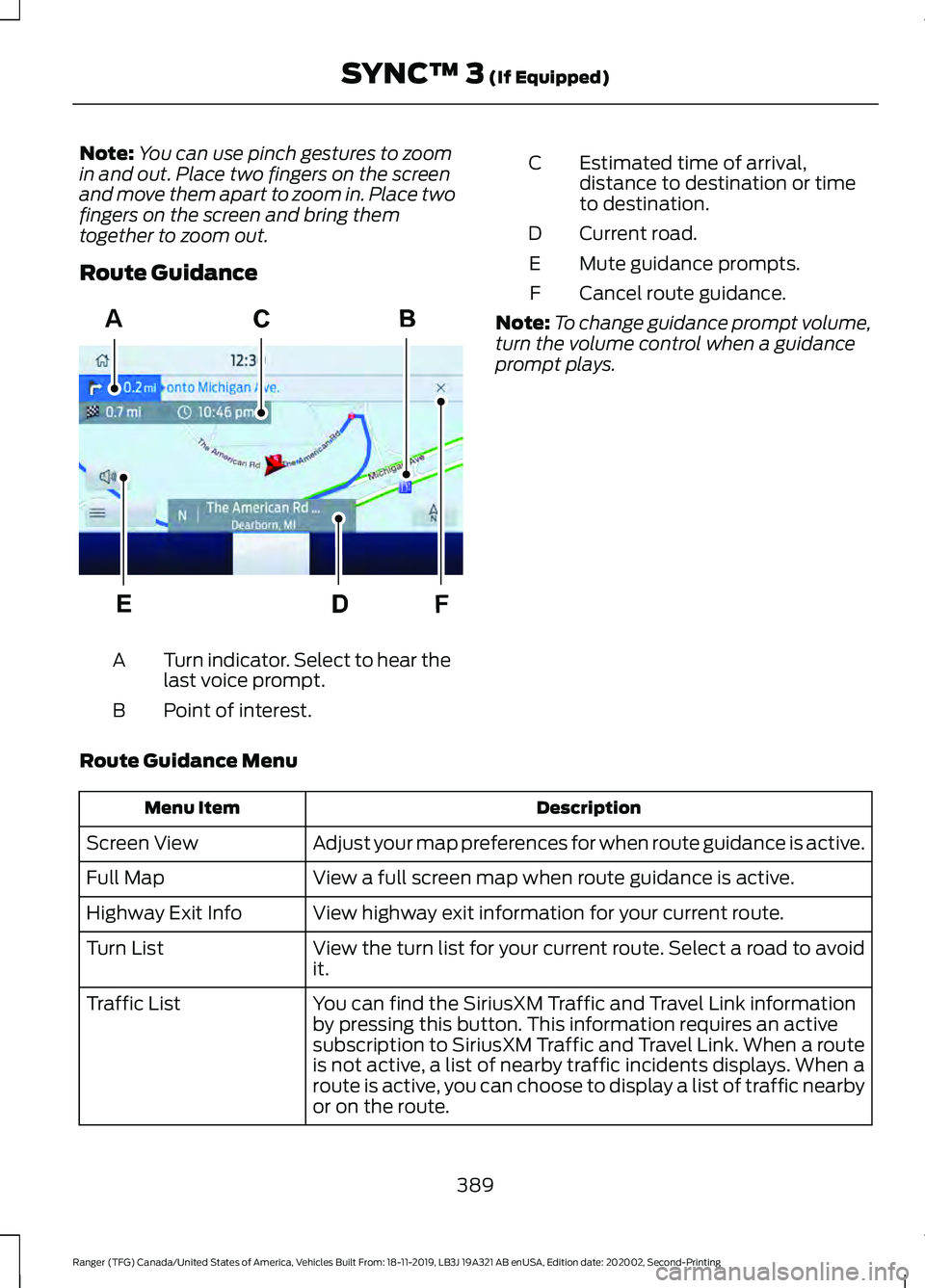 FORD RANGER 2020  Owners Manual Note:
You can use pinch gestures to zoom
in and out. Place two fingers on the screen
and move them apart to zoom in. Place two
fingers on the screen and bring them
together to zoom out.
Route Guidance
