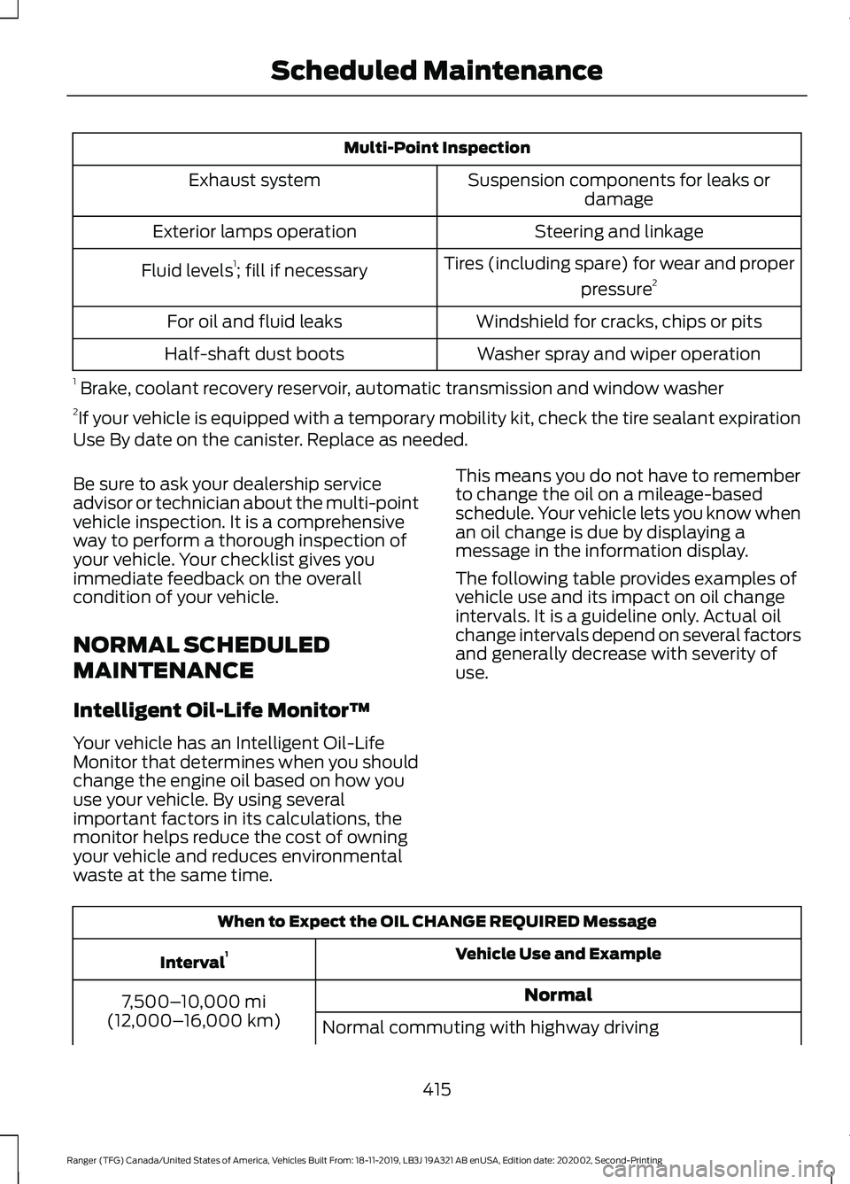 FORD RANGER 2020 Owners Manual Multi-Point Inspection
Suspension components for leaks ordamage
Exhaust system
Steering and linkage
Exterior lamps operation
Tires (including spare) for wear and properpressure2
Fluid levels 1
; fill FORD RANGER 2020 Owners Manual Multi-Point Inspection
Suspension components for leaks ordamage
Exhaust system
Steering and linkage
Exterior lamps operation
Tires (including spare) for wear and properpressure2
Fluid levels 1
; fill