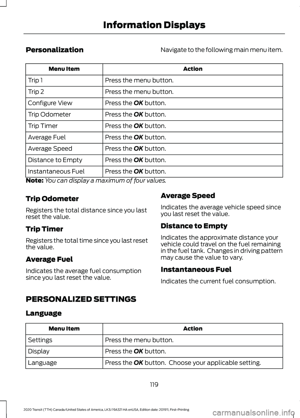 FORD TRANSIT 2020 Owners Manual Personalization
Navigate to the following main menu item. Action
Menu Item
Press the menu button.
Trip 1
Press the menu button.
Trip 2
Press the OK button.
Configure View
Press the
OK button.
Trip Od FORD TRANSIT 2020 Owners Manual Personalization
Navigate to the following main menu item. Action
Menu Item
Press the menu button.
Trip 1
Press the menu button.
Trip 2
Press the OK button.
Configure View
Press the
OK button.
Trip Od