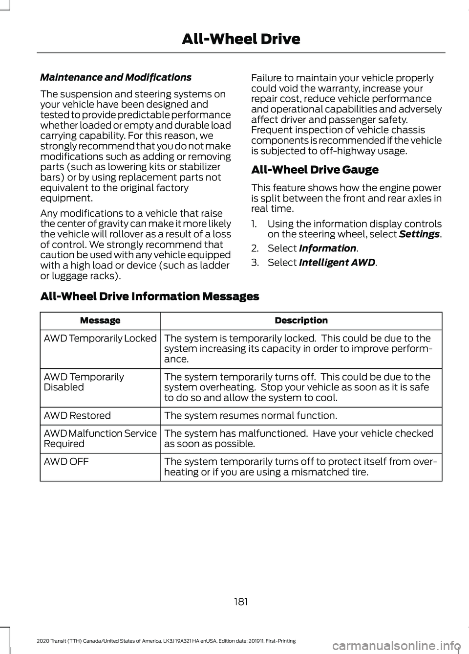 FORD TRANSIT 2020 Owners Manual Maintenance and Modifications
The suspension and steering systems on
your vehicle have been designed and
tested to provide predictable performance
whether loaded or empty and durable load
carrying cap FORD TRANSIT 2020 Owners Manual Maintenance and Modifications
The suspension and steering systems on
your vehicle have been designed and
tested to provide predictable performance
whether loaded or empty and durable load
carrying cap