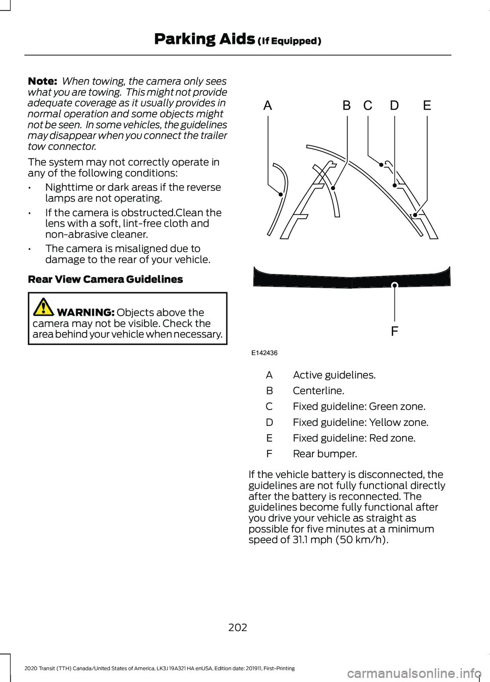 FORD TRANSIT 2020  Owners Manual Note:
 When towing, the camera only sees
what you are towing.  This might not provide
adequate coverage as it usually provides in
normal operation and some objects might
not be seen.  In some vehicles