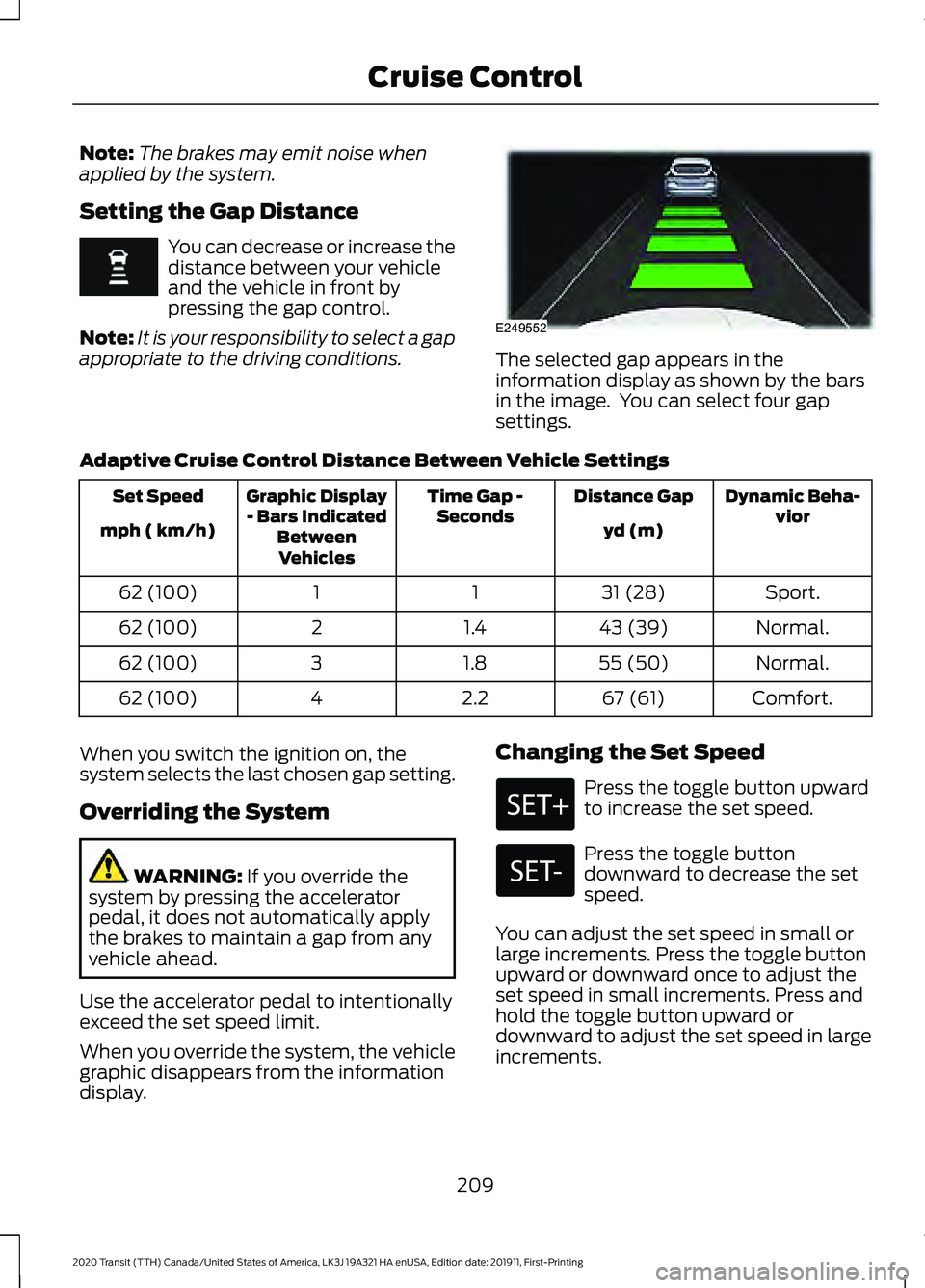 FORD TRANSIT 2020 Owners Manual Note:
The brakes may emit noise when
applied by the system.
Setting the Gap Distance You can decrease or increase the
distance between your vehicle
and the vehicle in front by
pressing the gap control FORD TRANSIT 2020 Owners Manual Note:
The brakes may emit noise when
applied by the system.
Setting the Gap Distance You can decrease or increase the
distance between your vehicle
and the vehicle in front by
pressing the gap control