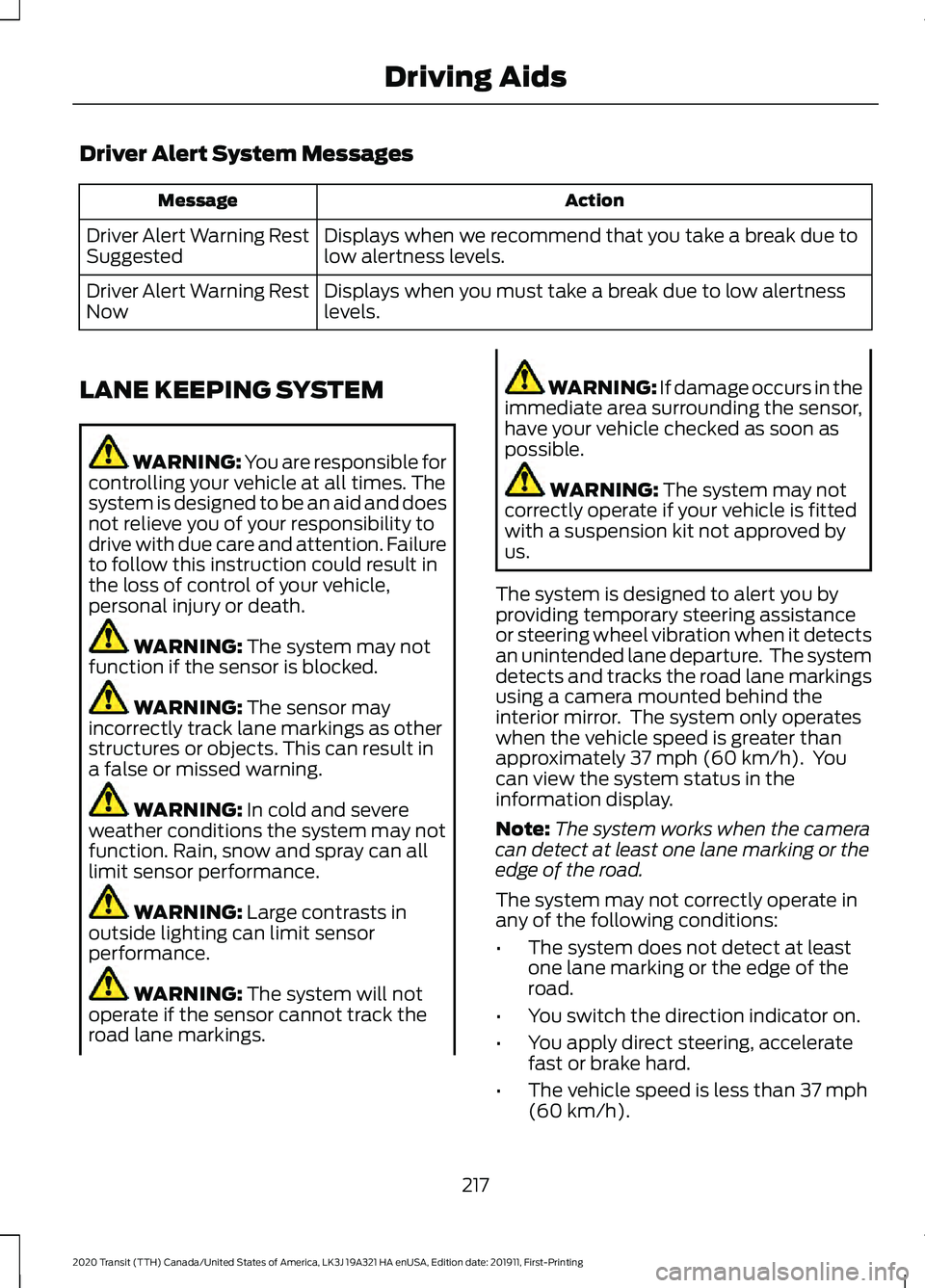 FORD TRANSIT 2020 Owners Guide Driver Alert System Messages
Action
Message
Displays when we recommend that you take a break due to
low alertness levels.
Driver Alert Warning Rest
Suggested
Displays when you must take a break due to FORD TRANSIT 2020 Owners Guide Driver Alert System Messages
Action
Message
Displays when we recommend that you take a break due to
low alertness levels.
Driver Alert Warning Rest
Suggested
Displays when you must take a break due to