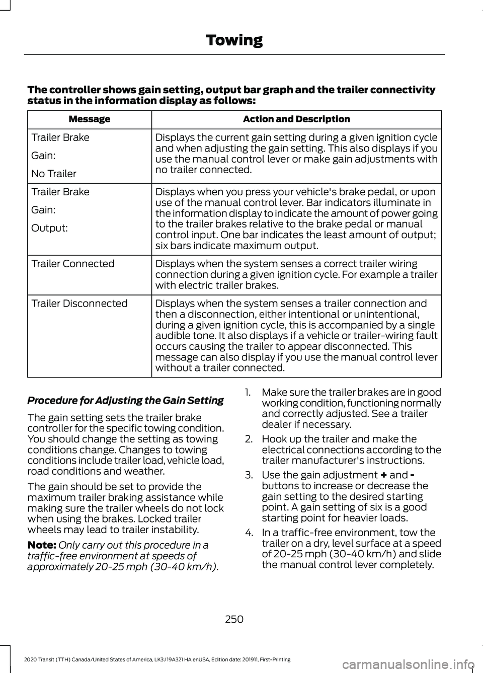 FORD TRANSIT 2020 Owners Manual The controller shows gain setting, output bar graph and the trailer connectivity
status in the information display as follows:
Action and Description
Message
Displays the current gain setting during a FORD TRANSIT 2020 Owners Manual The controller shows gain setting, output bar graph and the trailer connectivity
status in the information display as follows:
Action and Description
Message
Displays the current gain setting during a