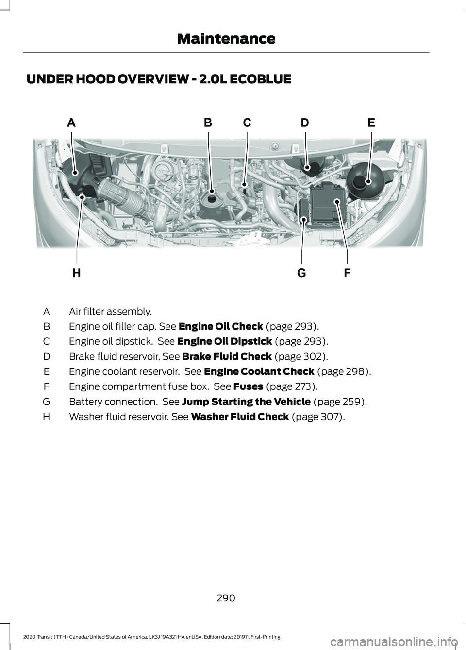 FORD TRANSIT 2020 User Guide UNDER HOOD OVERVIEW - 2.0L ECOBLUE
Air filter assembly.
A
Engine oil filler cap. See Engine Oil Check (page 293).
B
Engine oil dipstick. See
Engine Oil Dipstick (page 293).
C
Brake fluid reservoir.
FORD TRANSIT 2020 User Guide UNDER HOOD OVERVIEW - 2.0L ECOBLUE
Air filter assembly.
A
Engine oil filler cap. See Engine Oil Check (page 293).
B
Engine oil dipstick. See
Engine Oil Dipstick (page 293).
C
Brake fluid reservoir.