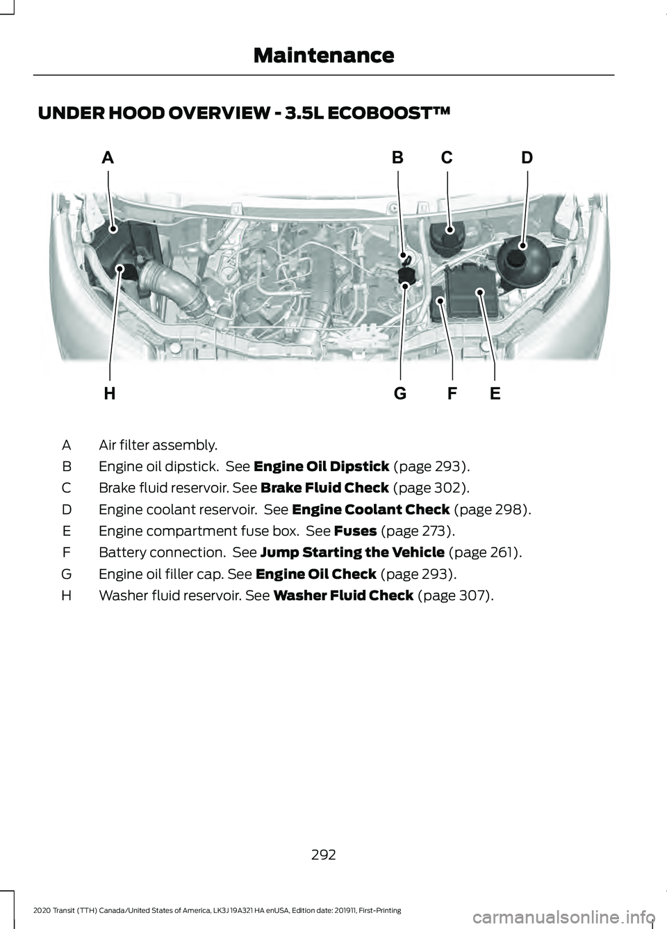 FORD TRANSIT 2020 User Guide UNDER HOOD OVERVIEW - 3.5L ECOBOOST™
Air filter assembly.
A
Engine oil dipstick. See Engine Oil Dipstick (page 293).
B
Brake fluid reservoir.
See Brake Fluid Check (page 302).
C
Engine coolant res FORD TRANSIT 2020 User Guide UNDER HOOD OVERVIEW - 3.5L ECOBOOST™
Air filter assembly.
A
Engine oil dipstick. See Engine Oil Dipstick (page 293).
B
Brake fluid reservoir.
See Brake Fluid Check (page 302).
C
Engine coolant res