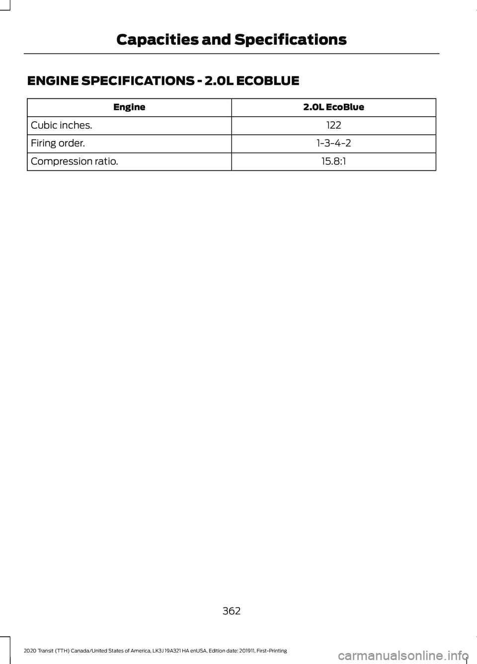 FORD TRANSIT 2020 Owners Manual ENGINE SPECIFICATIONS - 2.0L ECOBLUE
2.0L EcoBlue
Engine
122
Cubic inches.
1-3-4-2
Firing order.
15.8:1
Compression ratio.
362
2020 Transit (TTH) Canada/United States of America, LK3J 19A321 HA enUSA, FORD TRANSIT 2020 Owners Manual ENGINE SPECIFICATIONS - 2.0L ECOBLUE
2.0L EcoBlue
Engine
122
Cubic inches.
1-3-4-2
Firing order.
15.8:1
Compression ratio.
362
2020 Transit (TTH) Canada/United States of America, LK3J 19A321 HA enUSA,