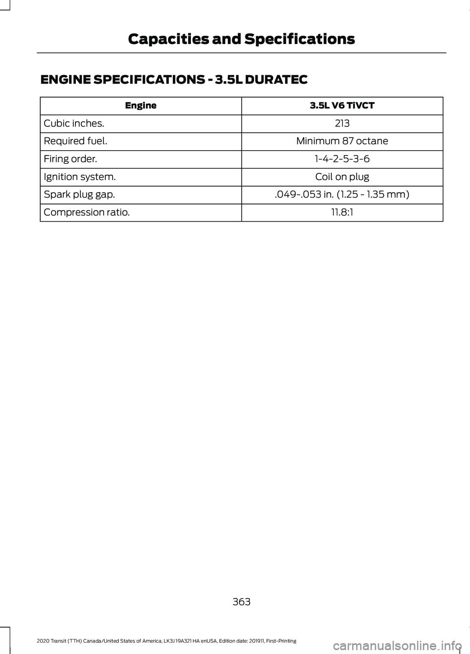 FORD TRANSIT 2020 Owners Manual ENGINE SPECIFICATIONS - 3.5L DURATEC
3.5L V6 TiVCT
Engine
213
Cubic inches.
Minimum 87 octane
Required fuel.
1-4-2-5-3-6
Firing order.
Coil on plug
Ignition system.
.049-.053 in. (1.25 - 1.35 mm)
Spar FORD TRANSIT 2020 Owners Manual ENGINE SPECIFICATIONS - 3.5L DURATEC
3.5L V6 TiVCT
Engine
213
Cubic inches.
Minimum 87 octane
Required fuel.
1-4-2-5-3-6
Firing order.
Coil on plug
Ignition system.
.049-.053 in. (1.25 - 1.35 mm)
Spar