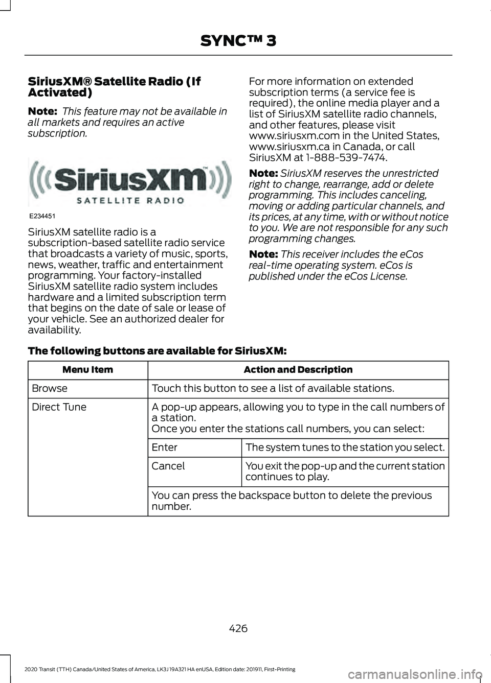 FORD TRANSIT 2020 Owners Manual SiriusXM® Satellite Radio (If
Activated)
Note:
This feature may not be available in
all markets and requires an active
subscription. SiriusXM satellite radio is a
subscription-based satellite radio FORD TRANSIT 2020 Owners Manual SiriusXM® Satellite Radio (If
Activated)
Note:
This feature may not be available in
all markets and requires an active
subscription. SiriusXM satellite radio is a
subscription-based satellite radio