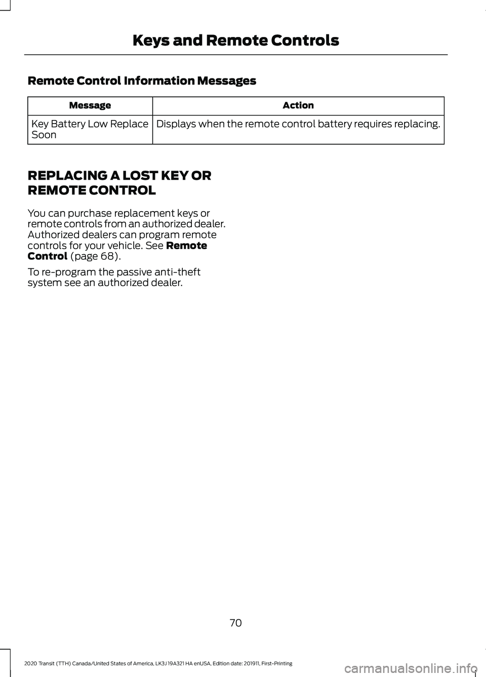 FORD TRANSIT 2020 Manual PDF Remote Control Information Messages
Action
Message
Displays when the remote control battery requires replacing.
Key Battery Low Replace
Soon
REPLACING A LOST KEY OR
REMOTE CONTROL
You can purchase rep FORD TRANSIT 2020 Manual PDF Remote Control Information Messages
Action
Message
Displays when the remote control battery requires replacing.
Key Battery Low Replace
Soon
REPLACING A LOST KEY OR
REMOTE CONTROL
You can purchase rep