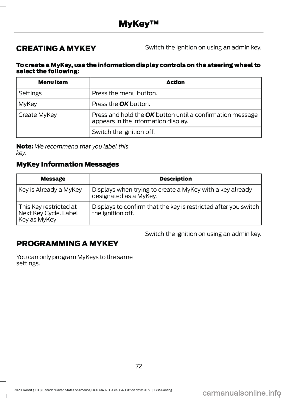 FORD TRANSIT 2020 Manual PDF CREATING A MYKEY
Switch the ignition on using an admin key.
To create a MyKey, use the information display controls on the steering wheel to
select the following: Action
Menu Item
Press the menu butto FORD TRANSIT 2020 Manual PDF CREATING A MYKEY
Switch the ignition on using an admin key.
To create a MyKey, use the information display controls on the steering wheel to
select the following: Action
Menu Item
Press the menu butto