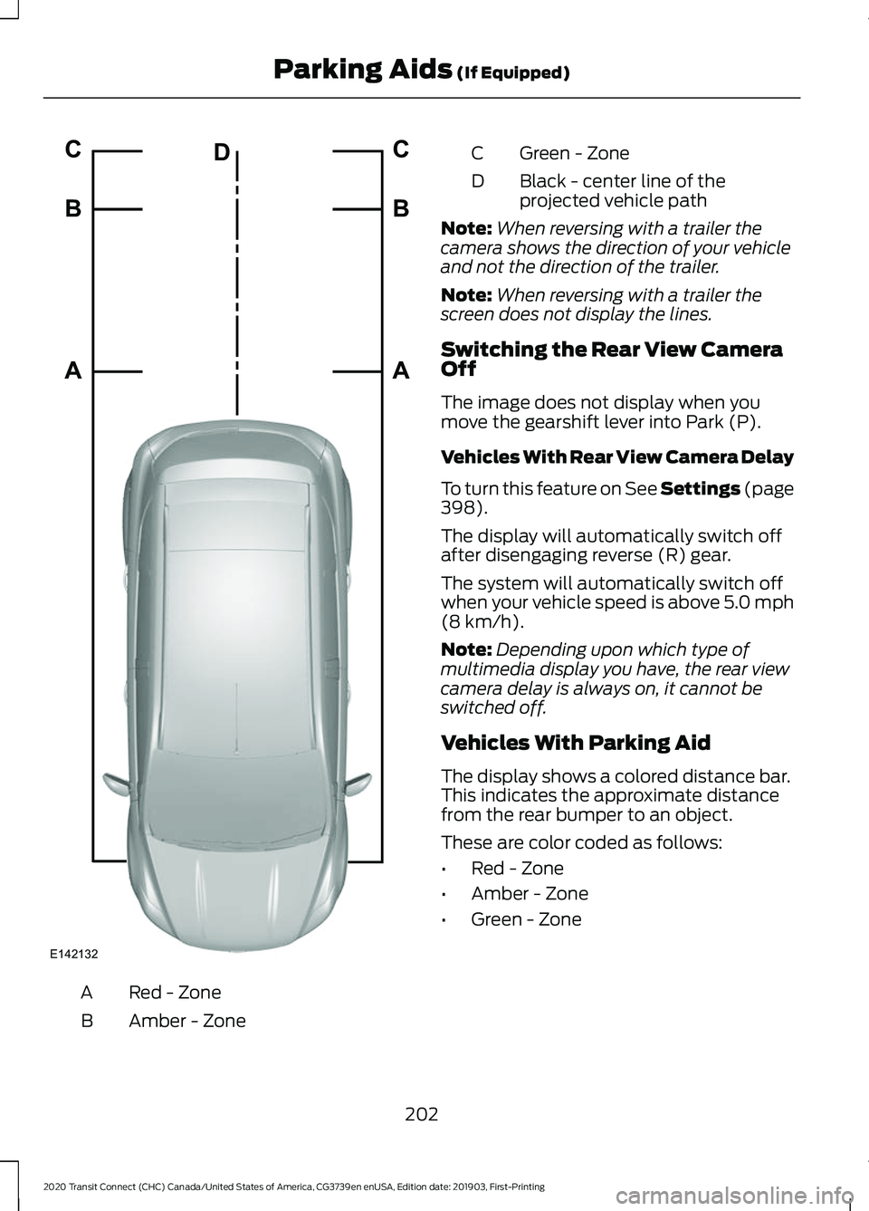 FORD TRANSIT CONNECT 2020 Manual PDF Red - Zone
A
Amber - Zone
B Green - Zone
C
Black - center line of the
projected vehicle path
D
Note: When reversing with a trailer the
camera shows the direction of your vehicle
and not the direction FORD TRANSIT CONNECT 2020 Manual PDF Red - Zone
A
Amber - Zone
B Green - Zone
C
Black - center line of the
projected vehicle path
D
Note: When reversing with a trailer the
camera shows the direction of your vehicle
and not the direction